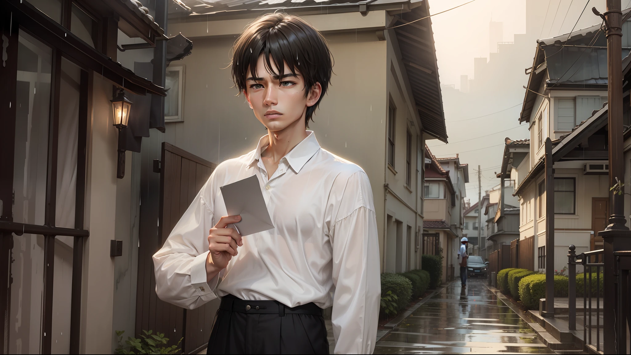 In front of a house in the rain. A young man with a white shirt looked at the letter in his hand. Full of anger