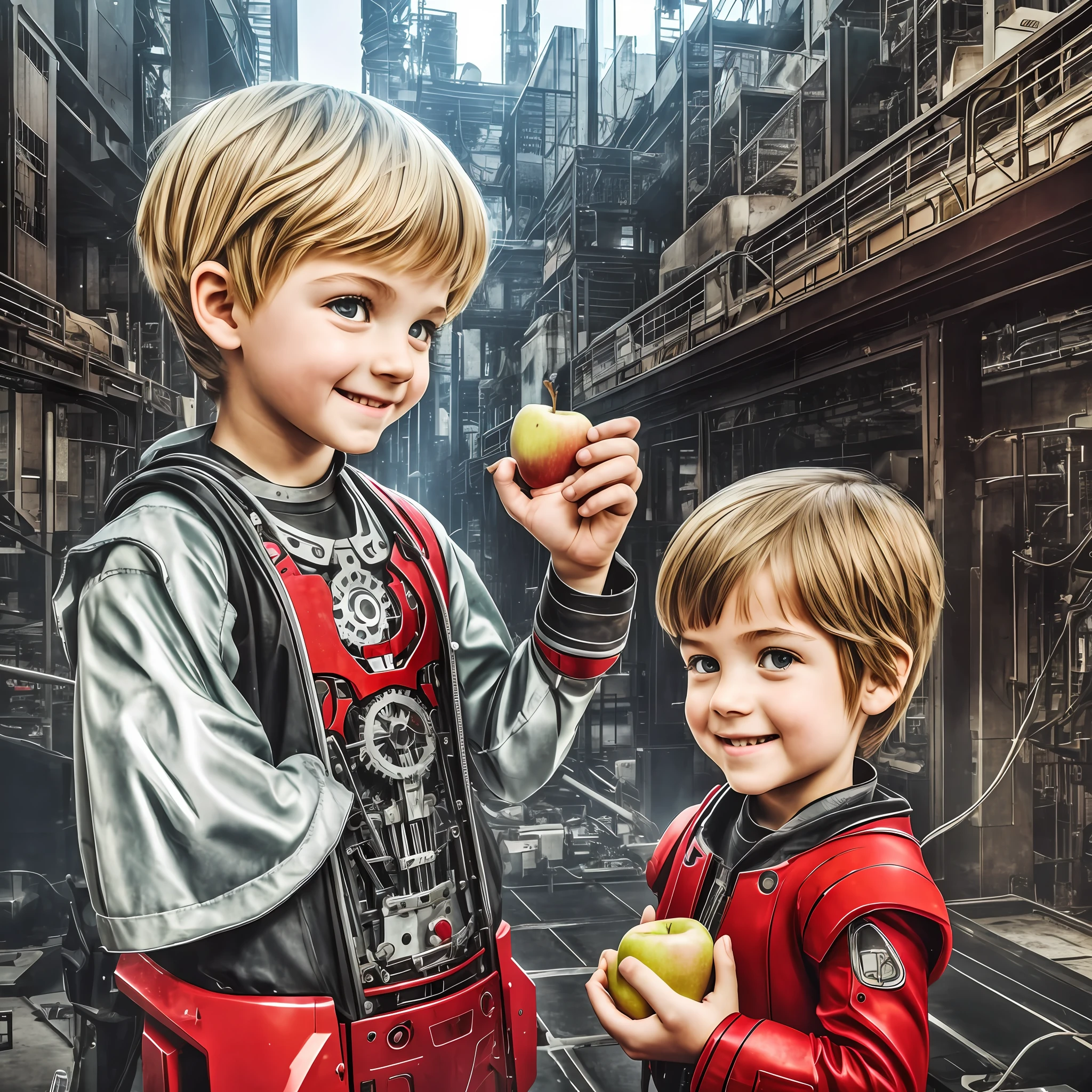 In an industrial building, a mechanical boy holding a fresh apple in his hand gave the apple in his hand to the long-haired human next to him with a smile, --auto --s2