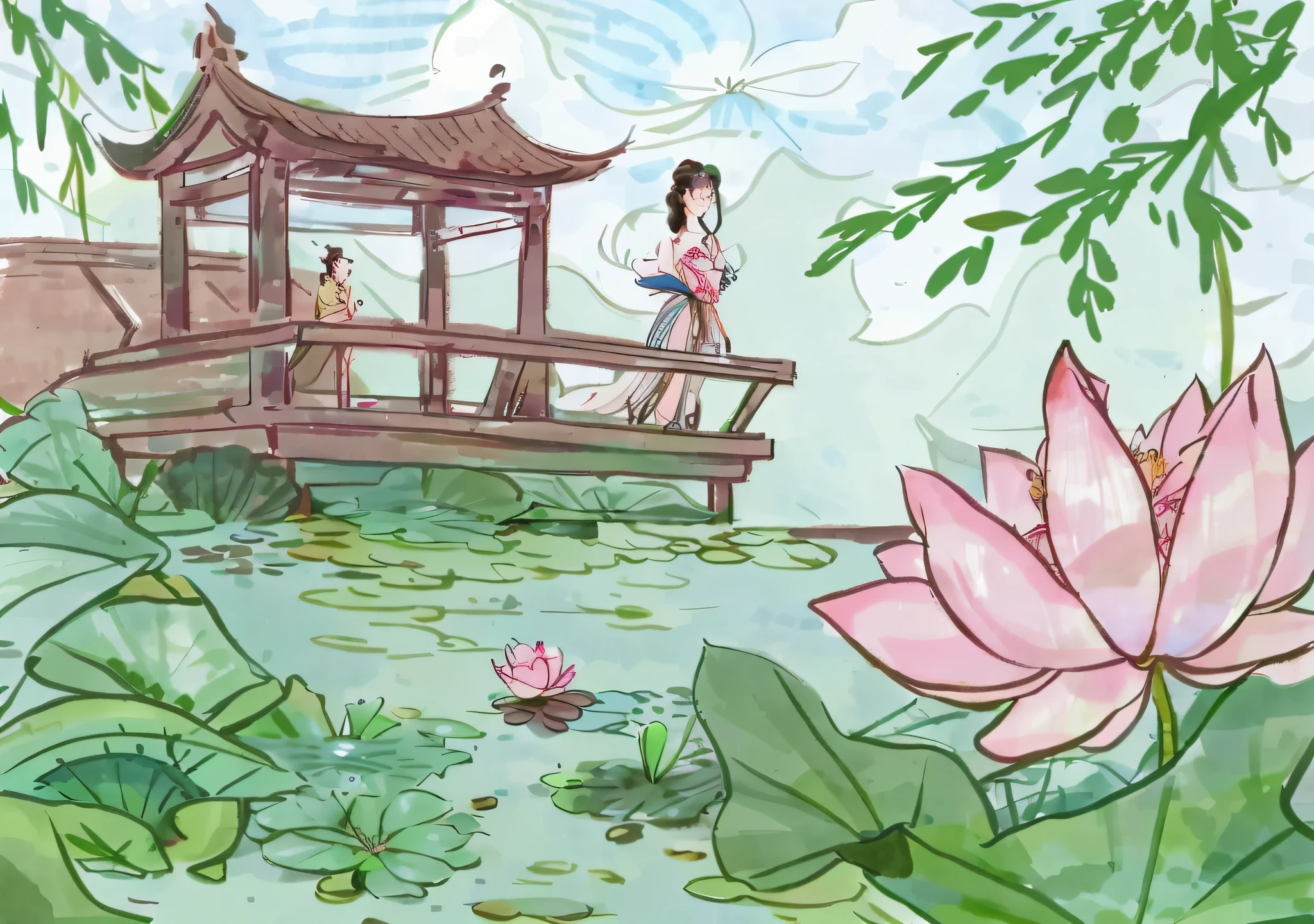 there is a drawing of a woman standing on a bridge over a pond, serene illustration, lotus pond, background artwork, sitting on a lotus flower, standing gracefully upon a lotus, background art, inspired by Shūbun Tenshō, pink lotus queen, temple background, inspired by Katsukawa Shunchō, peaceful day, relaxing concept art