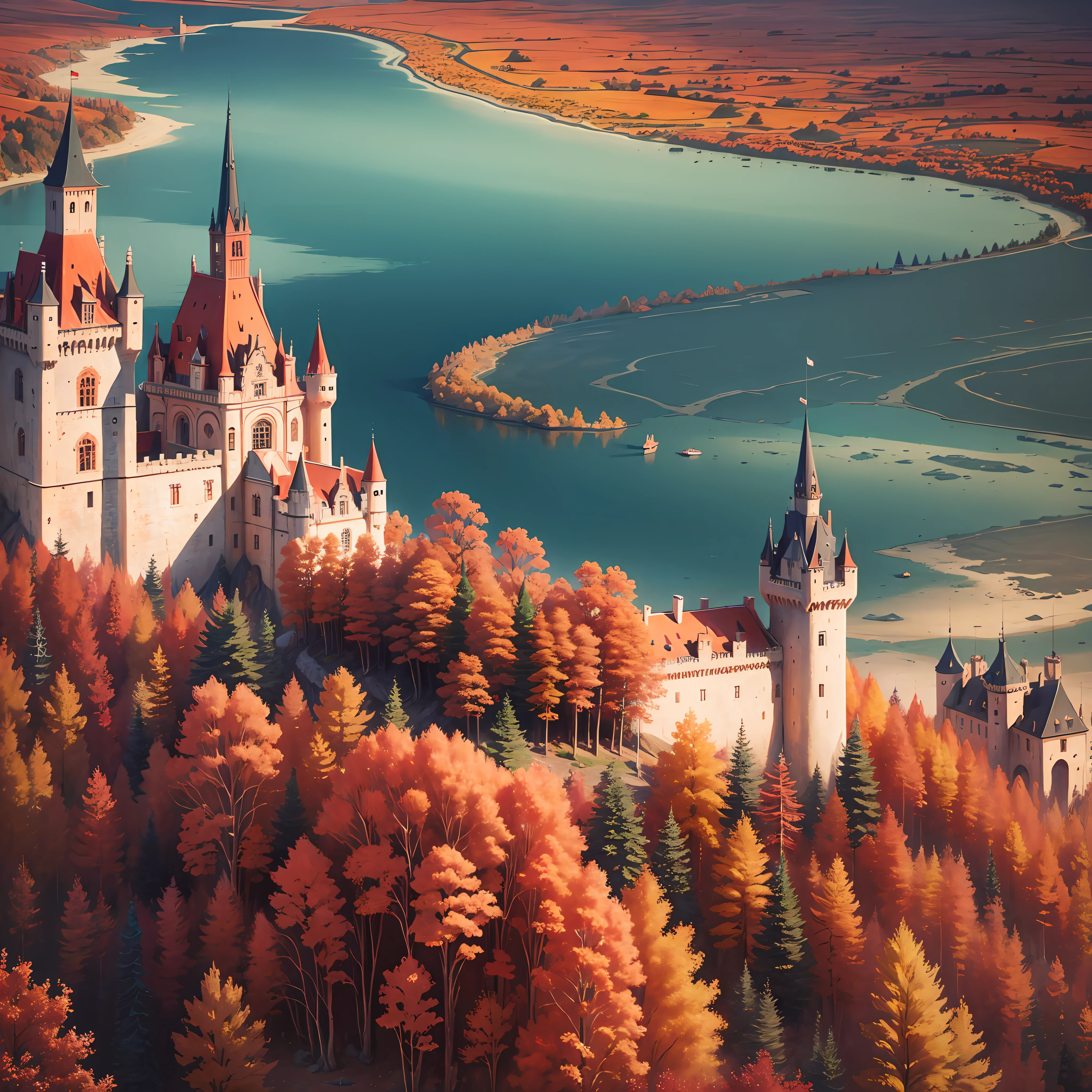 Autumn, castles, castles on the hill, red roofs, light and dark light, surrealism --auto --s2