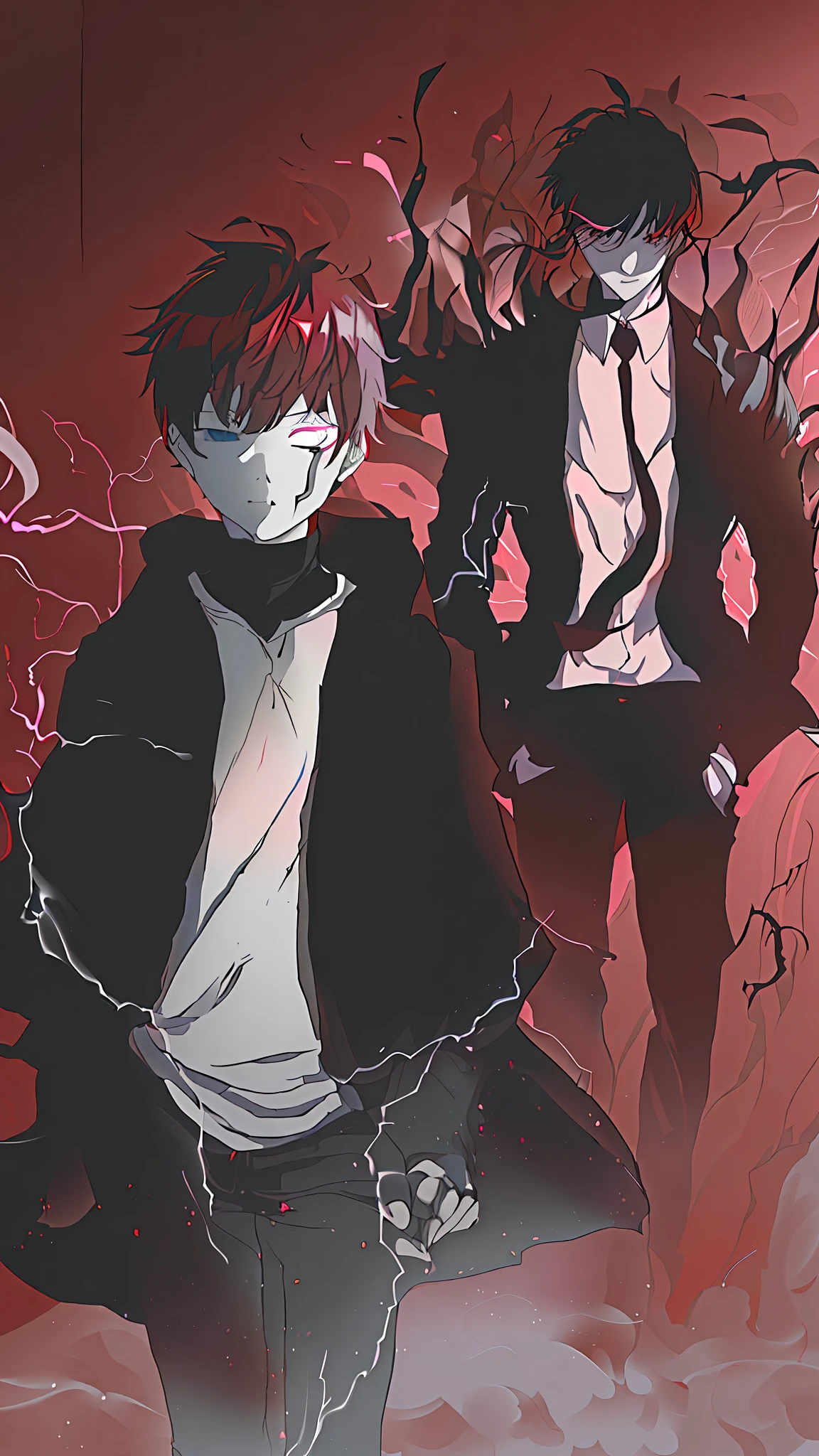 anime characters in a dark room with a red background, tumblr, ken kaneki, anime wallaper, kaneki ken, shinigami, by Shingei, digital art from danganronpa, yagami light, epic anime style, unlimited blade works, anime style like fate/stay night, inspired by Munakata Shikō