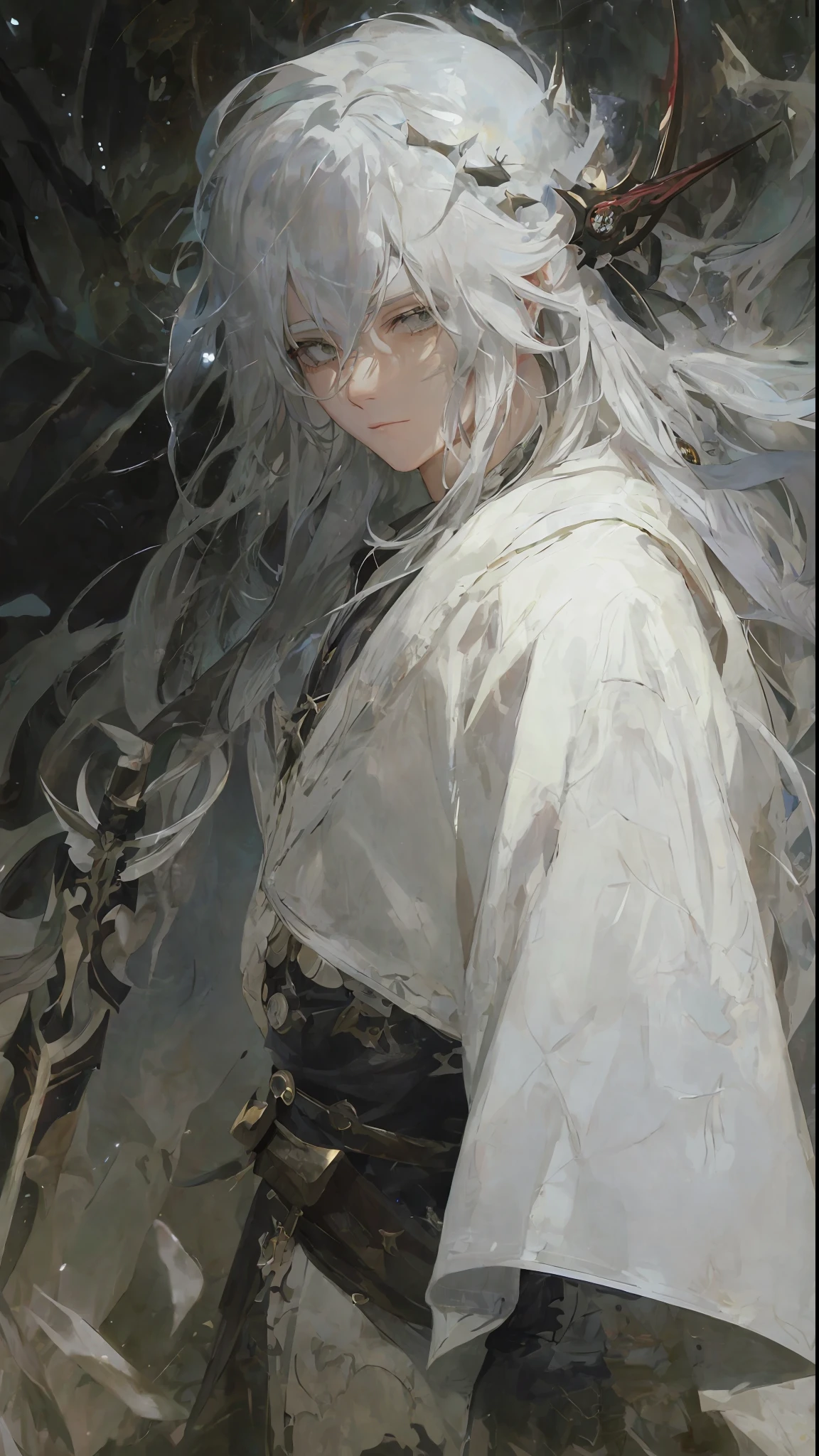 a close up of a person with white hair and a sword, white haired deity, with white long hair, with long white hair, artwork in the style of guweiz, white haired, guweiz, handsome guy in demon slayer art, beautiful character painting, by Yang J, white-haired, guweiz on pixiv artstation, anime character