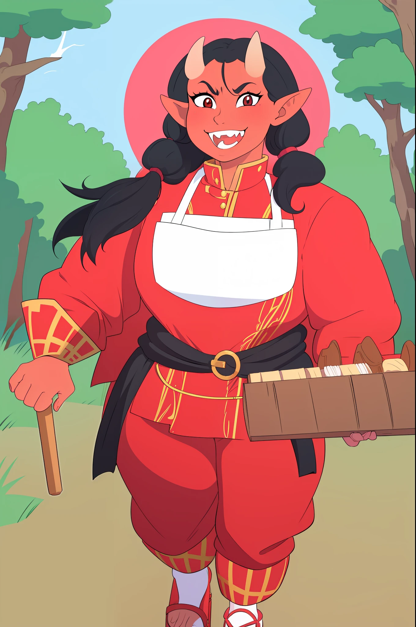 Muscle girl, red-skinned woman, big chest, , happy,, coat jacket, pants, portrait, 1character, full body, walking, long dress, medieval, village, farm,, forest,flipflops,black hair,, , coat, buttler, victorian cloths, oni girl, portrait, 1character,