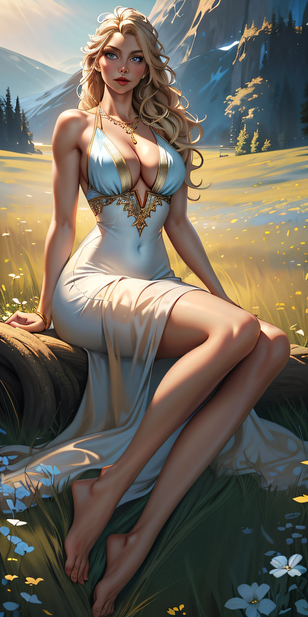 full body of blonde scandinavian goddess, face of elsa hosk, large breasts, white silk dress with deep cleavage, bare feet, amber necklace, light blue eyes, golden blonde wavy hair, red lips, seductive gaze, volumetric lighting, realistic, meadow background