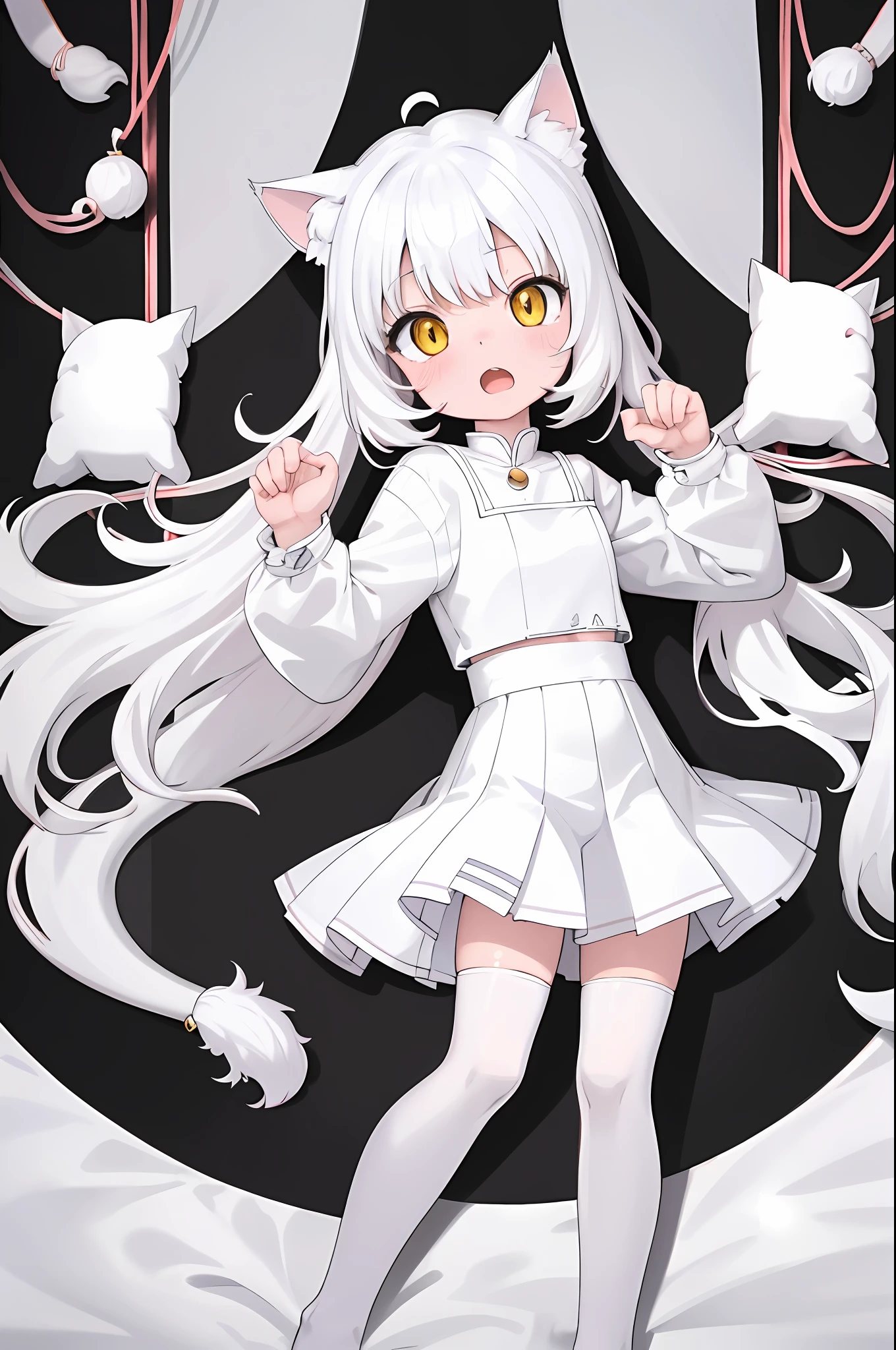 White Cat Girl, Cat Ears Anime Girl, Cute Style, 18X, White Cat Girl, Soft Illustration, Moe Cat Girl, White Main Tone, (Highest Quality, Detail Depiction: 1.25), Medium Build, Open Mouth, Volume Light, Perfect Fingers, Best Shadow.