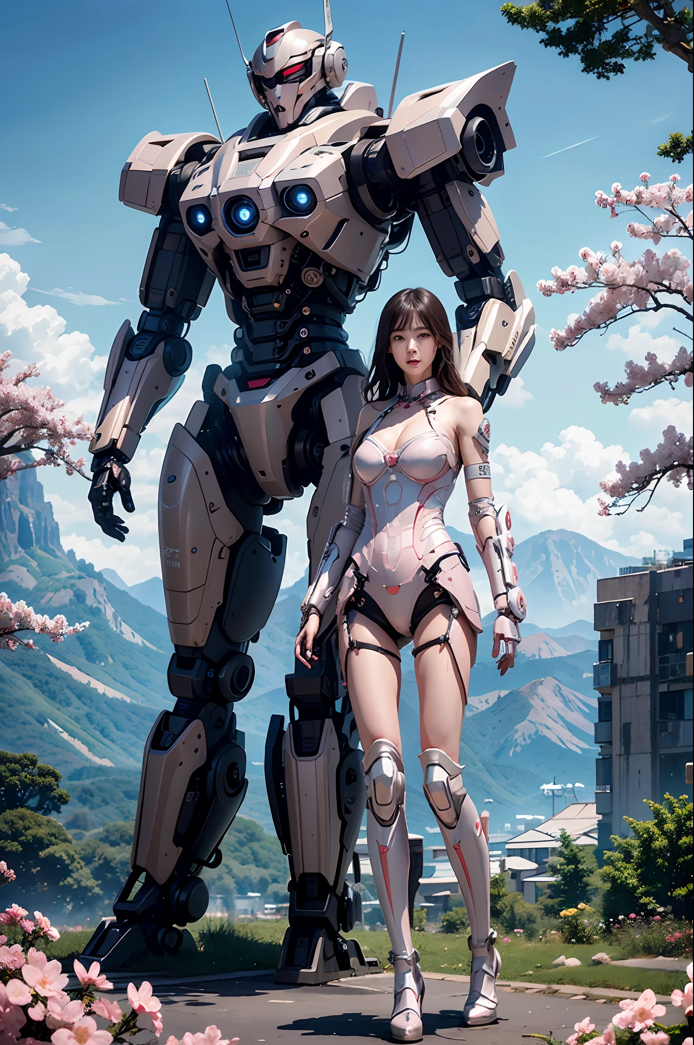Complex 3d rendering very detailed beautiful ceramic silhouette female robot face, behind stands a huge cherry blossom pink mech warrior, robot parts, 150mm, futuristic battlefield, edge light, vibrant details, luxurious cyberpunk, lace, surrealism, anatomy, facial muscles, cable wires, microchips, elegant, beautiful background, octane rendering, HR Giger style, 8k, best quality, masterpiece, illustration, very refined and beautiful, very detailed, CG, unified, wallpaper, (realism, fidelity: 1.37), amazing, fine details, masterpiece, best quality, official art, very detailed CG unified 8k wallpaper, robot, full body, the overall painting style is very domineering,