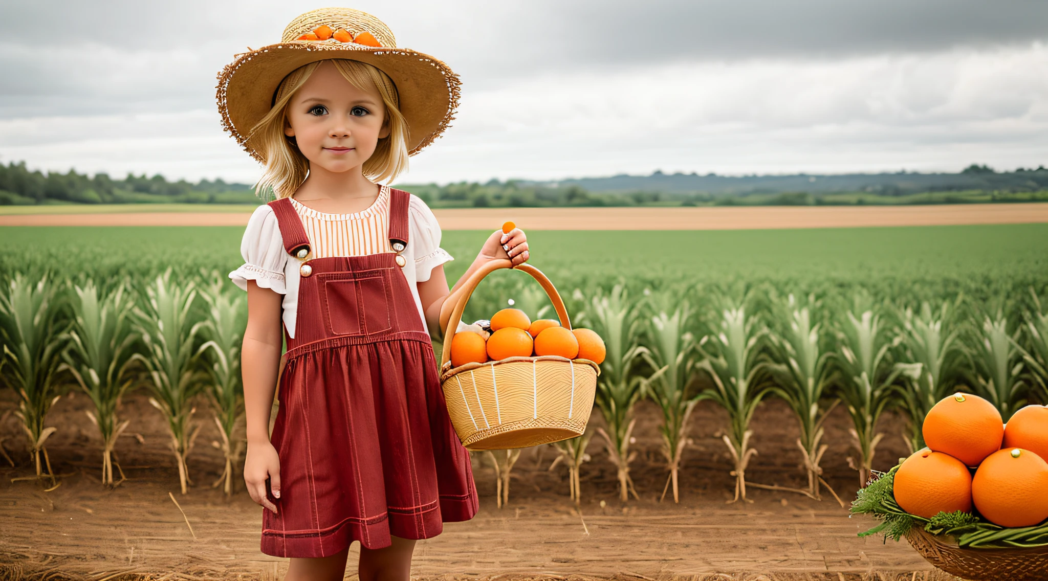 there is a GIRL CHILD 12 YEARS BLONDE, holding a basket of oranges and a hat, wearing a straw hat and overalls, with straw hat, wearing straw hat, wearing RED dress, photo shoot, wearing farm clothes, young girl, young girl, dora the explorer as real girl, promo still, cute girl, by Juan O'Gorman