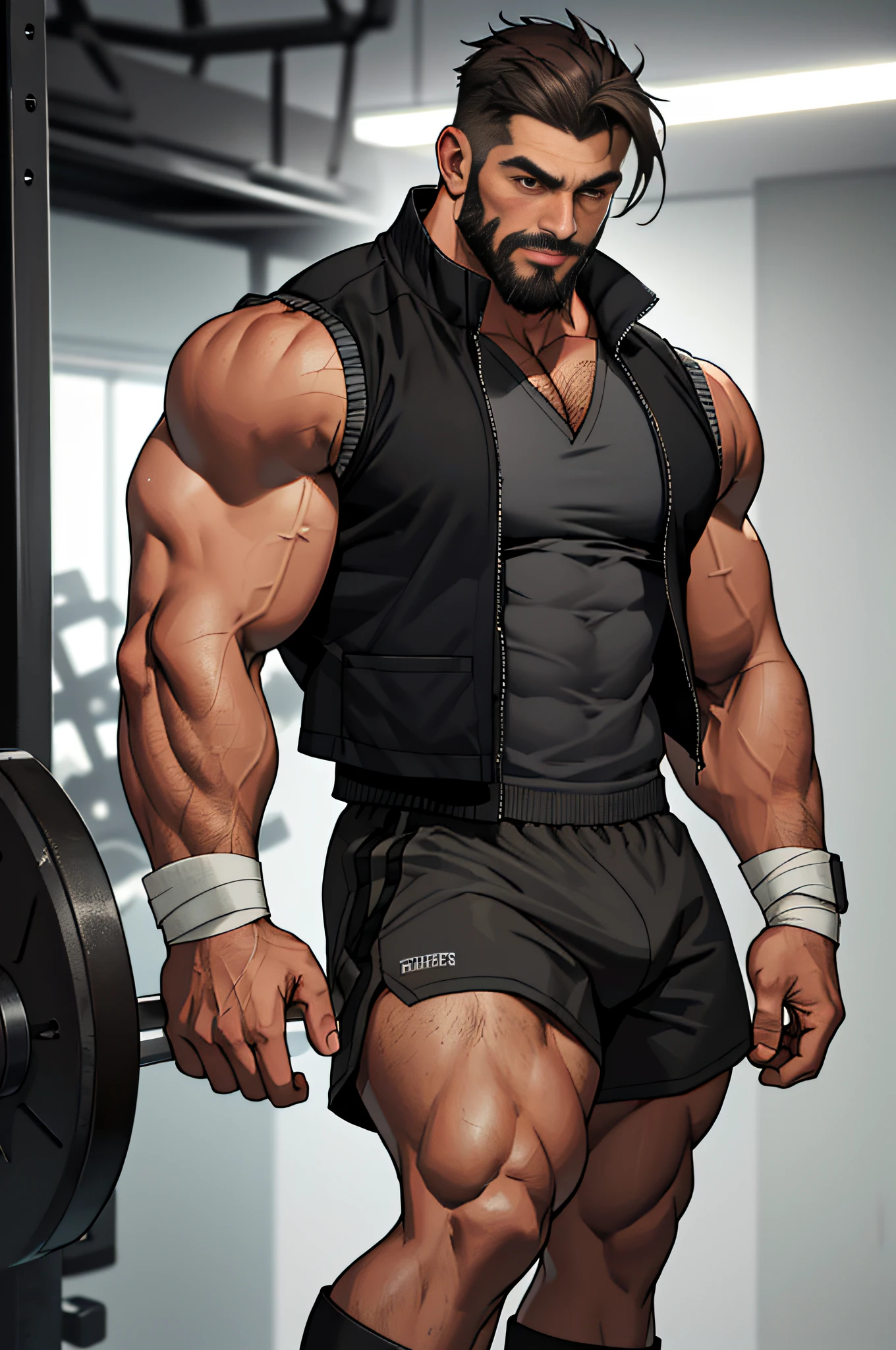 Mature man, best qualities, mercenary, wearing only panties, black sports shorts, wearing brown boots, bandage wrapped around one hand, dark gray vest (hole), bad, masterpiece, super high resolution, detailed background, reality, illustration, single, 1 boy, muscle man, beard, gym, muscle, facial hair, volumetric lighting, depth of field, wheezing, ?????? raised, handsome movements, big dynamics