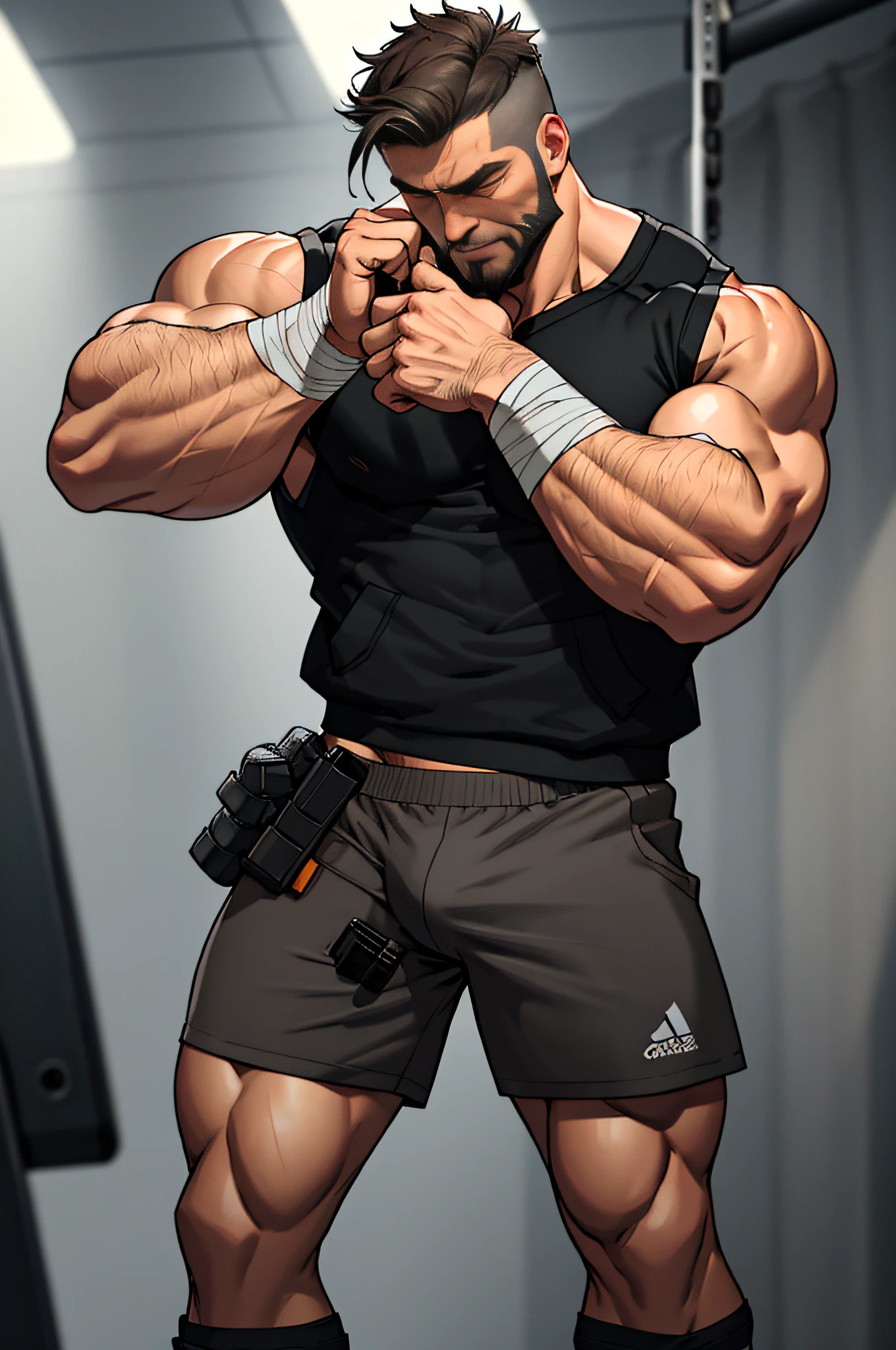 Mature man, best qualities, mercenary, wearing only panties, black sports shorts, wearing brown boots, bandage wrapped around one hand, dark gray vest (hole), bad, masterpiece, super high resolution, detailed background, reality, illustration, single, 1 boy, muscle man, beard, gym, muscle, facial hair, volumetric lighting, depth of field, wheezing, crotch raised, handsome movements, big dynamics