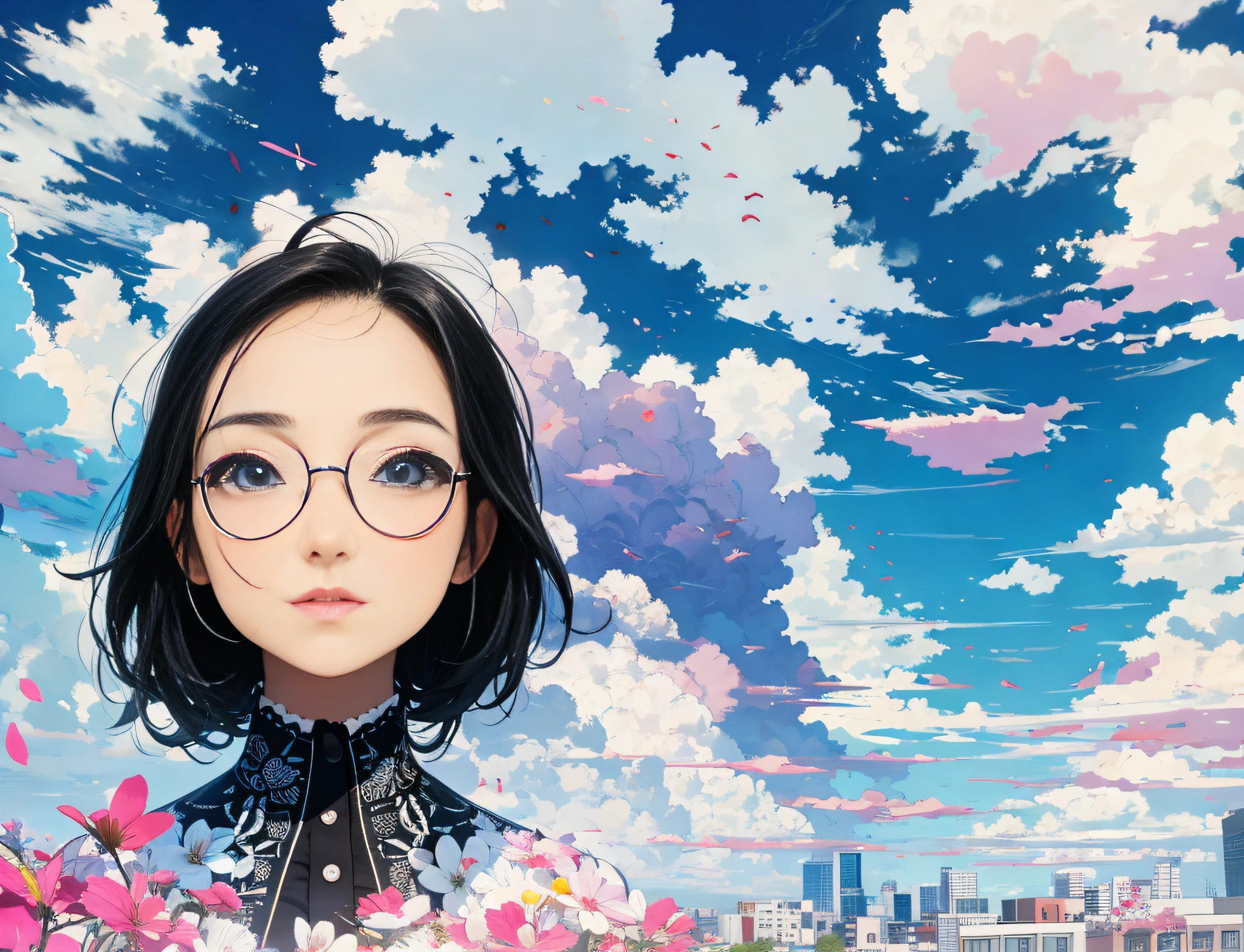 1girl, (ink primitive art: 1.2), (line art: 1.33), (best quality, masterpiece), superlative, bright, clouds, wind, city, colorful, outdoor, full body, simple background, black hair (beautiful detailed face, beautiful detailed eyes), hands relaxed, head slightly raised,