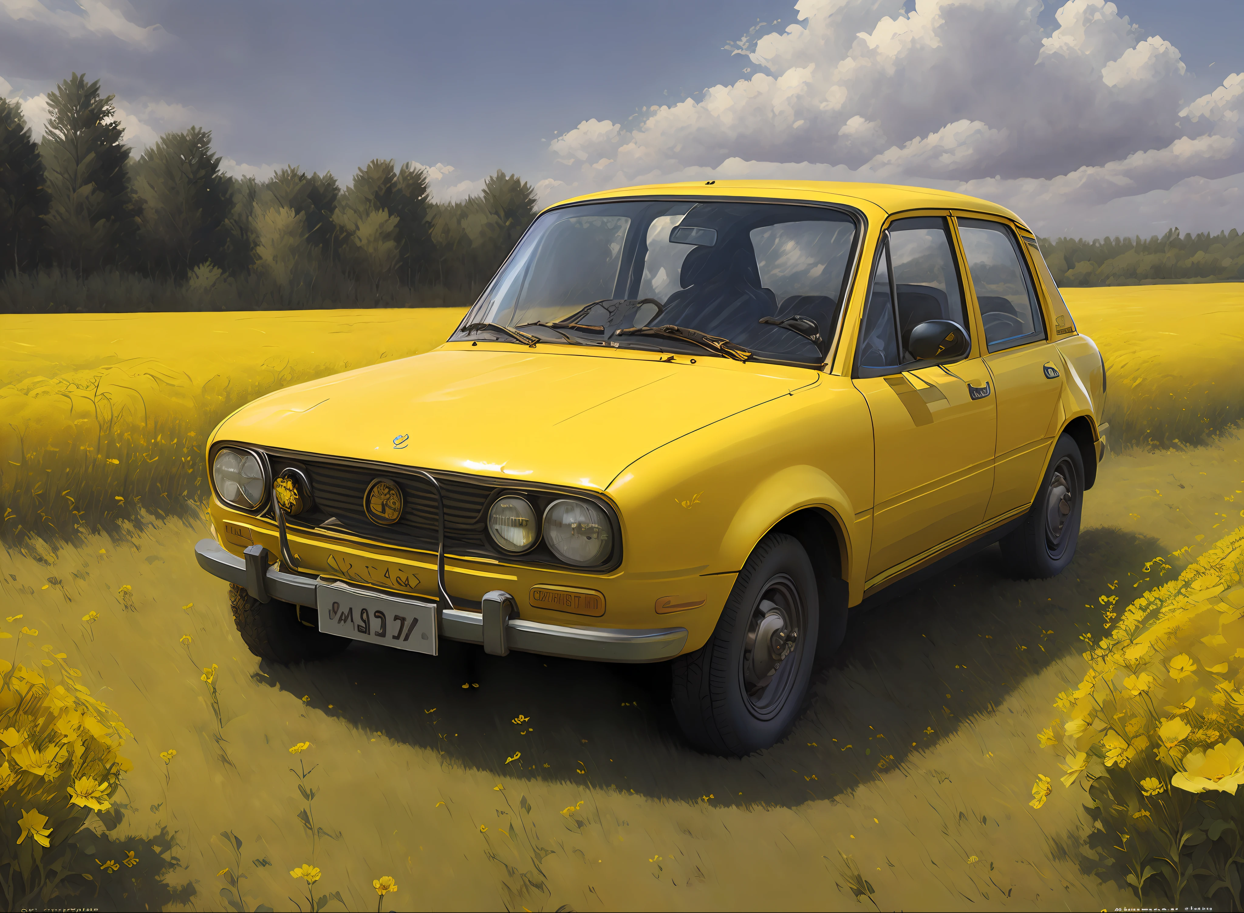 painting of a yellow car in a field of yellow flowers, lada, lada car, russian lada car, alexey egorov, sergey krasovskiy, maxim sukharev, sergey zabelin, by Artur Tarnowski, 240p, soviet nostalgia, leonid, by Igor Grabar, dmitry mazurkevich