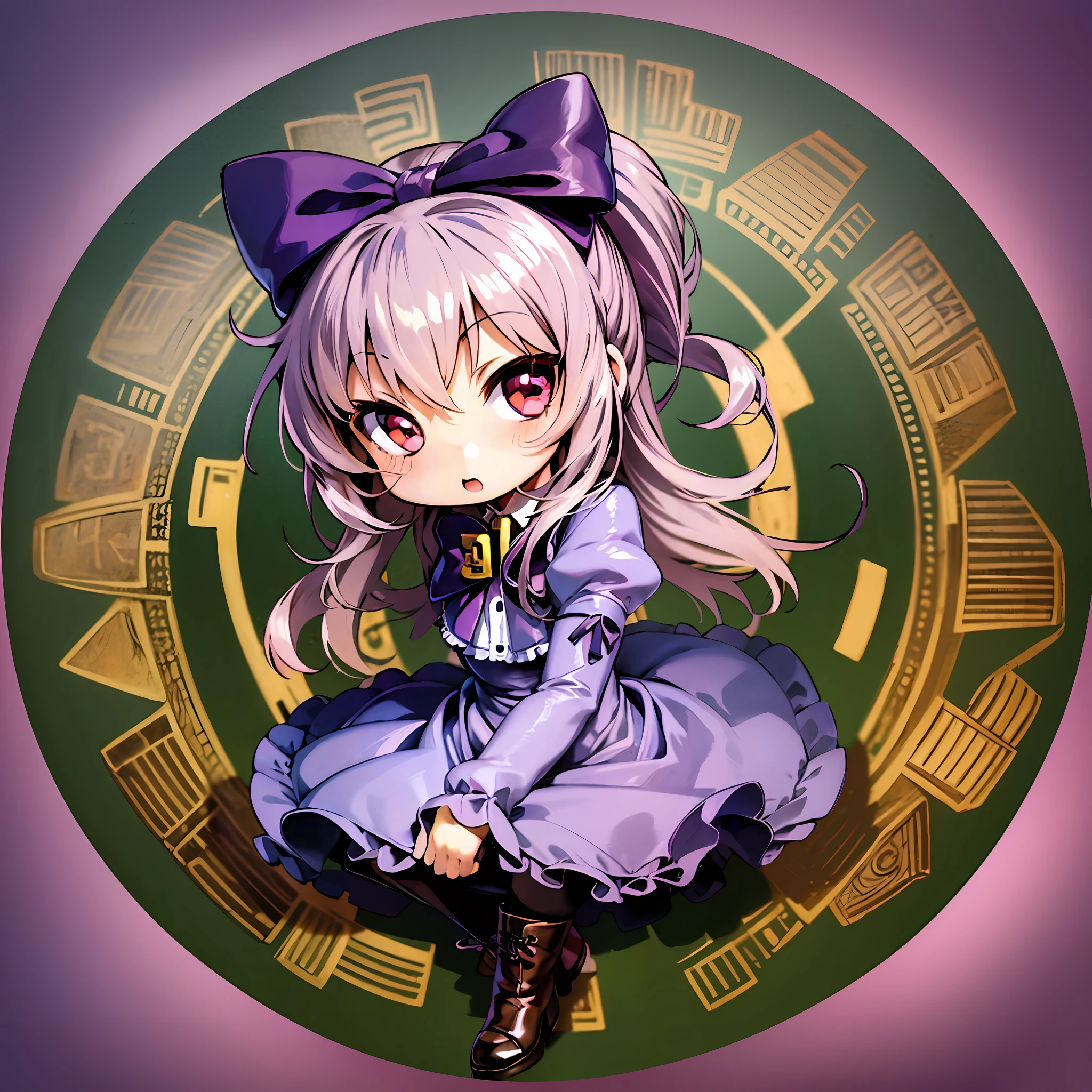 (masterpiece)), best quality, ((((chibi anime)))), 1girl,  ((((no background)))), 31tanDefault, purple ribbon, purple bowtie, stockings, purple dress, black pantyhose,  hair bow, juliet sleeves, lolita fashion, long sleeves, puffy sleeves, brooch, cross-laced footwear, brown footwear, knee boots,