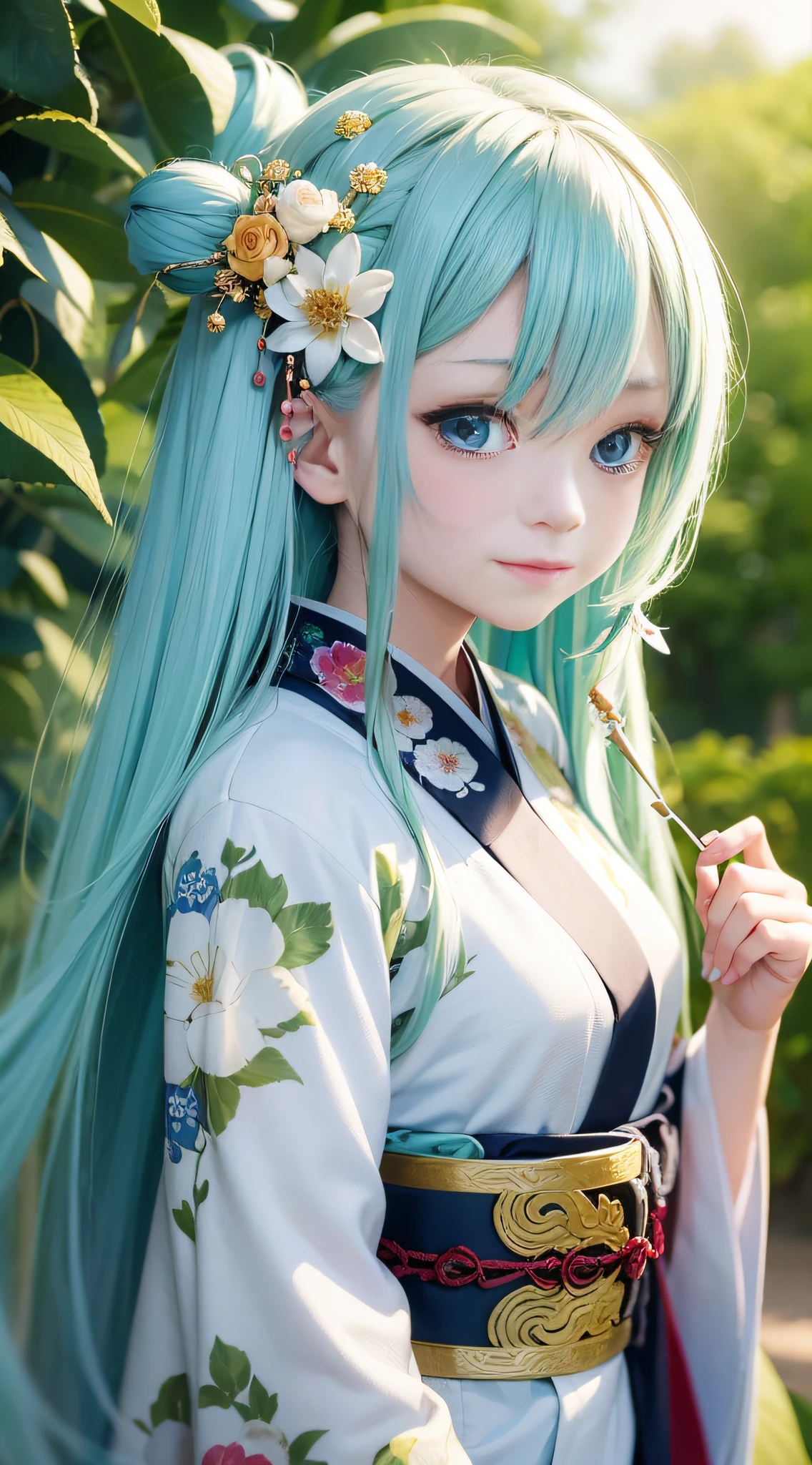 Excellent, masterpiece, masterpiece, super-high resolution, cute girl, half-body, Chinese ancient style, long white hair, long green kimono, complex design, flower embellishment, blue eyes, hairpin, cute little loli, cute cute cute, thick painting, gentle smile, holding flowers