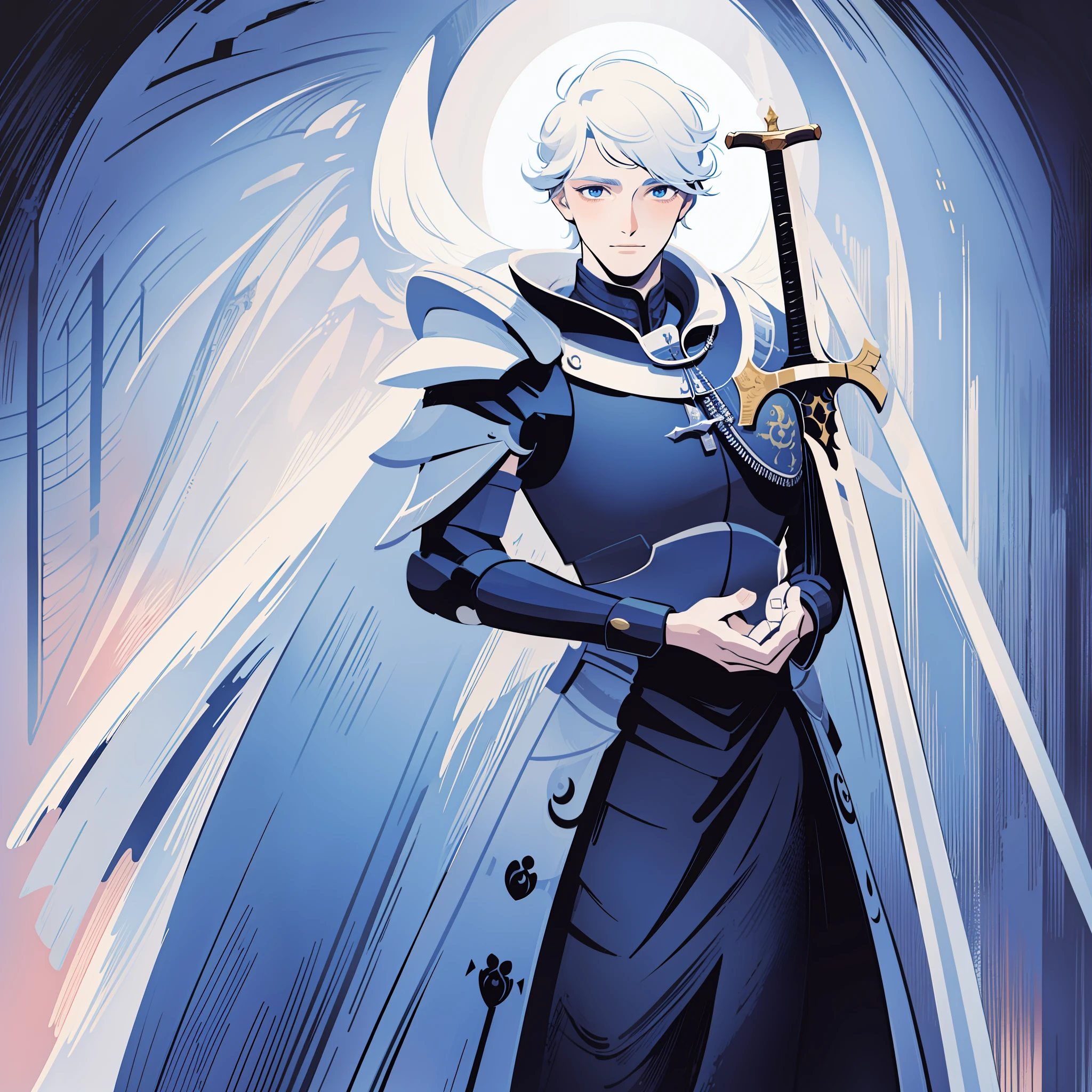 knight, young men, sword holding , schield holding, angel, silver hair, blue eyes, portrait, 1character, full body