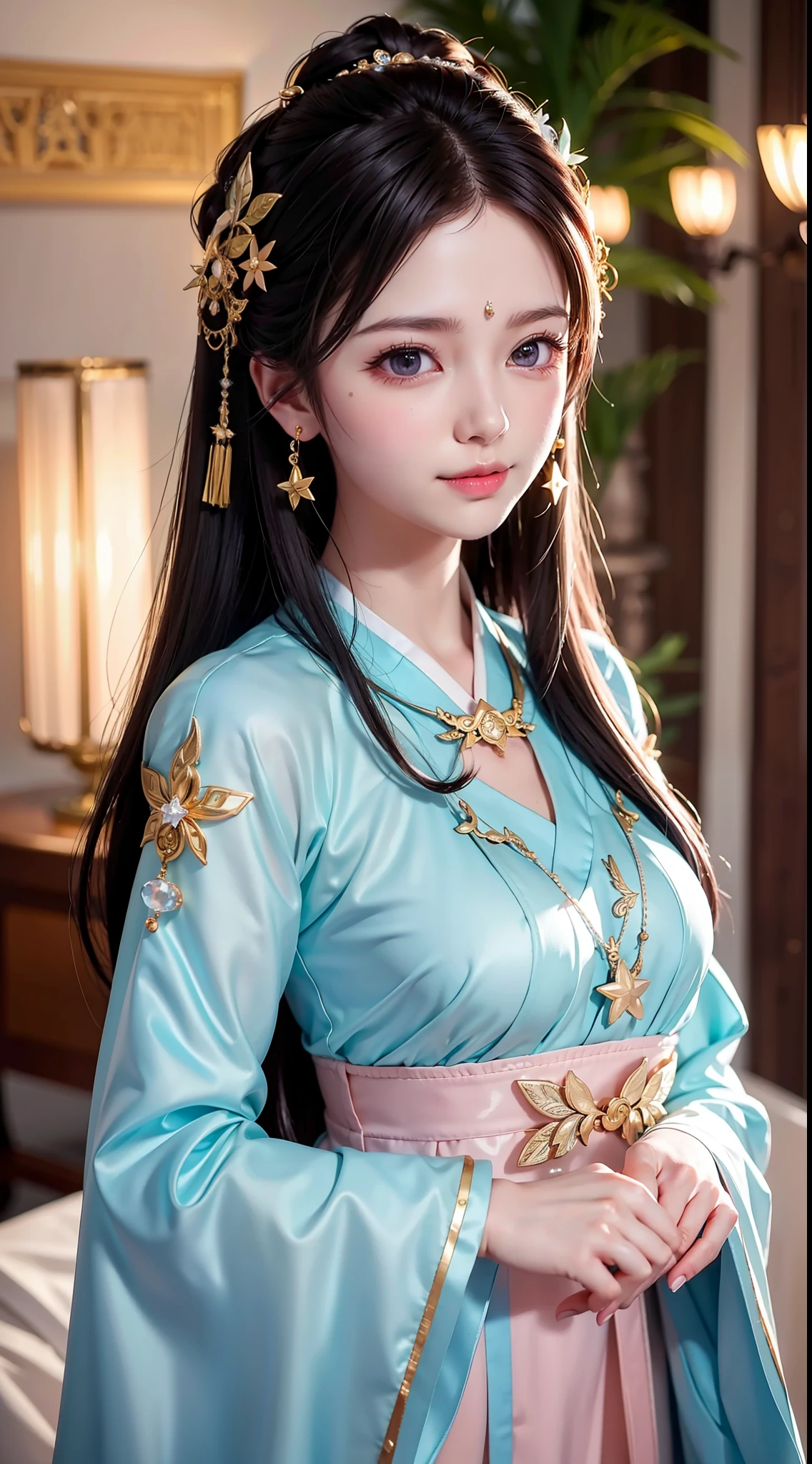best quality, masterpiece, highres, 1girl,blush,(seductive smile:0.8),star-shaped pupils,china hanfu,hair ornament,necklace, jewelry,Beautiful face,upon_body, tyndall effect,photorealistic, dark studio, rim lighting, two tone lighting,(high detailed skin:1.2), 8k uhd, dslr, soft lighting, high quality, volumetric lighting, candid, Photograph, high resolution, 4k, 8k, Bokeh