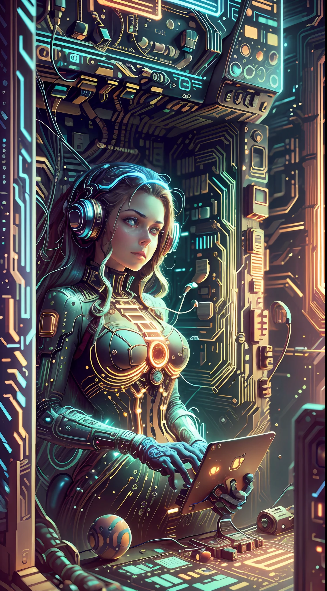 A retrofuturistic scene of an arcade wired mess on macbook, analogue technology, mechanical delay, wiring components, ultrago austin metal wiring, iris van Buren, Karol Bak, Kiichi Obituary by Beksinski, david falls fanart gadget machine --auto --s2