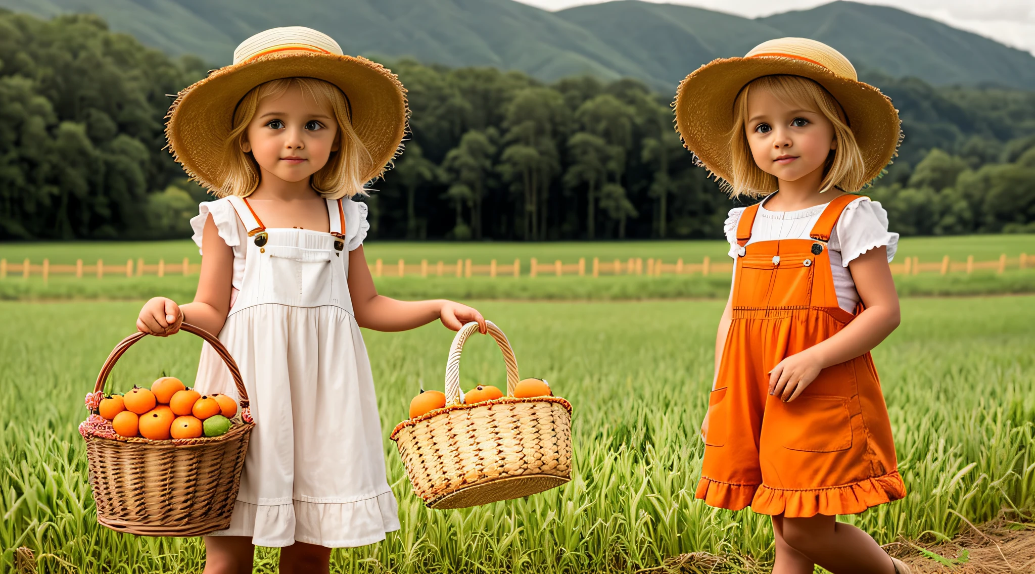 there is a GIRL CHILD 12 YEARS BLONDE, holding a basket of oranges and a hat, wearing a straw hat and overalls, with straw hat, wearing straw hat, wearing orange sun dress, photo shoot, wearing farm clothes, young girl, young girl, dora the explorer as real girl, promo still, cute girl, by Juan O'Gorman