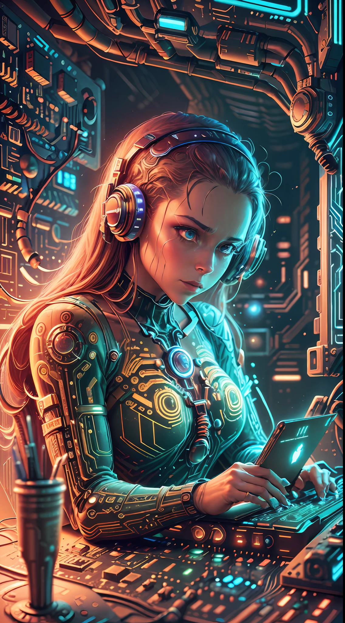 A retrofuturistic scene of an arcade wired mess on macbook, analogue technology, mechanical delay, wiring components, ultrago austin metal wiring, iris van Buren, Karol Bak, Kiichi Obituary by Beksinski, david falls fanart gadget machine --auto --s2