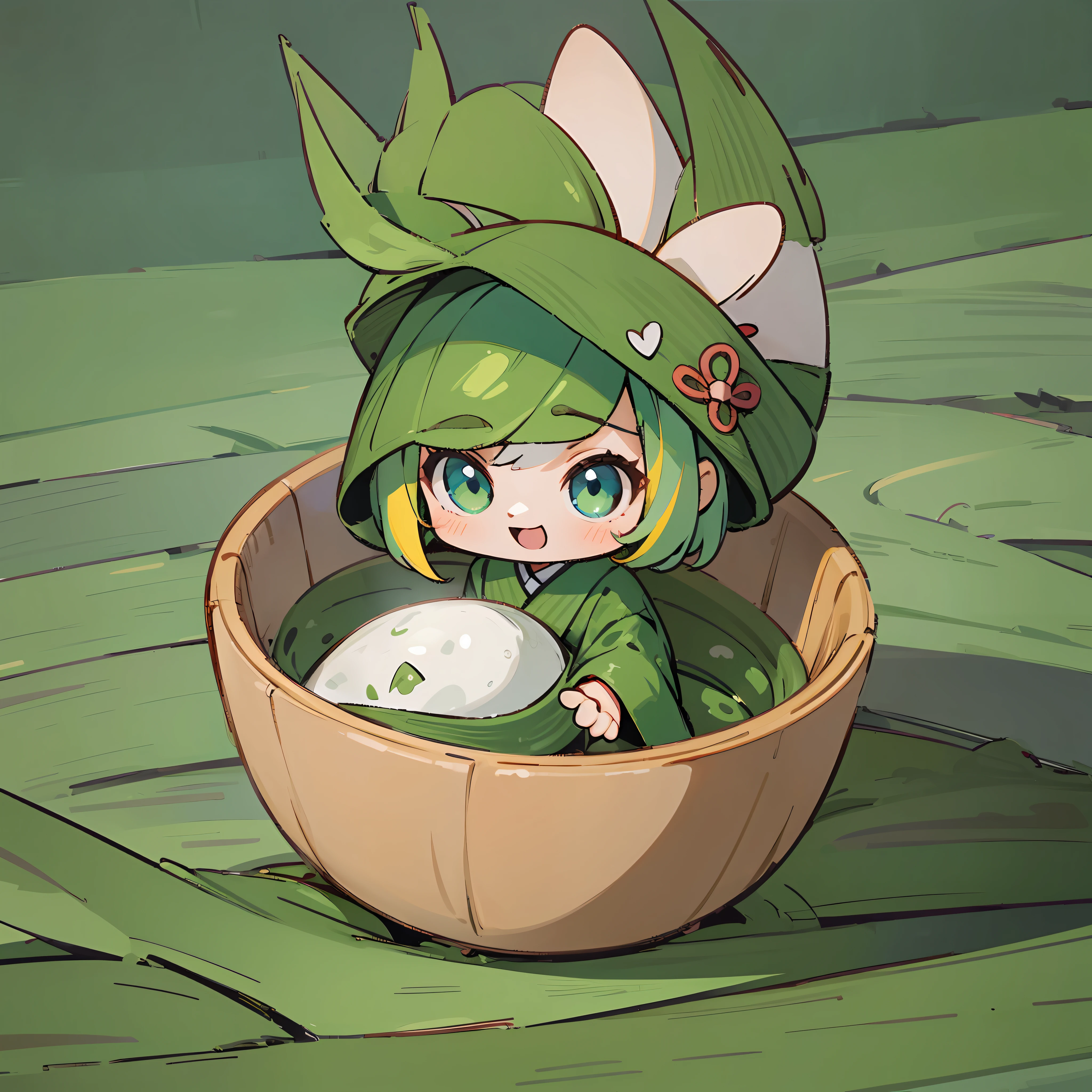 (a small doll with a green triangular hat), (sitting inside a large bowl), cute 3 d render, cute detailed digital art, cute digital art, cute cartoon character, adorable digital painting, cute! c4d, cute character, pop japonisme 3D, (white background), ultra detailed, by Yu Zhiding, 3d model of a japanese mascot, nendoroid 3d, cute forest creature