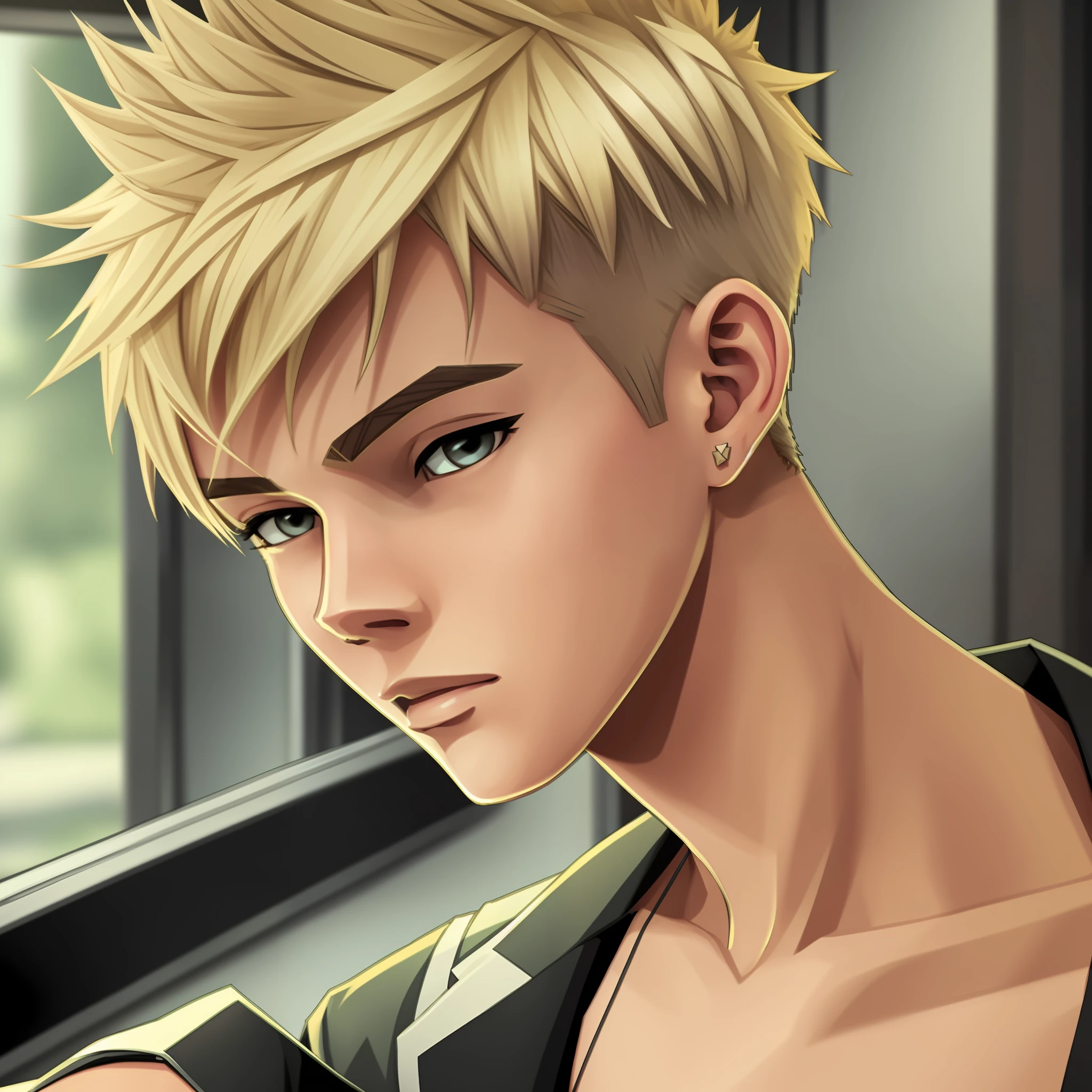 brunette boy, with blonde shaved hair, young teenager, cool, 2d character, comics style --auto --s2