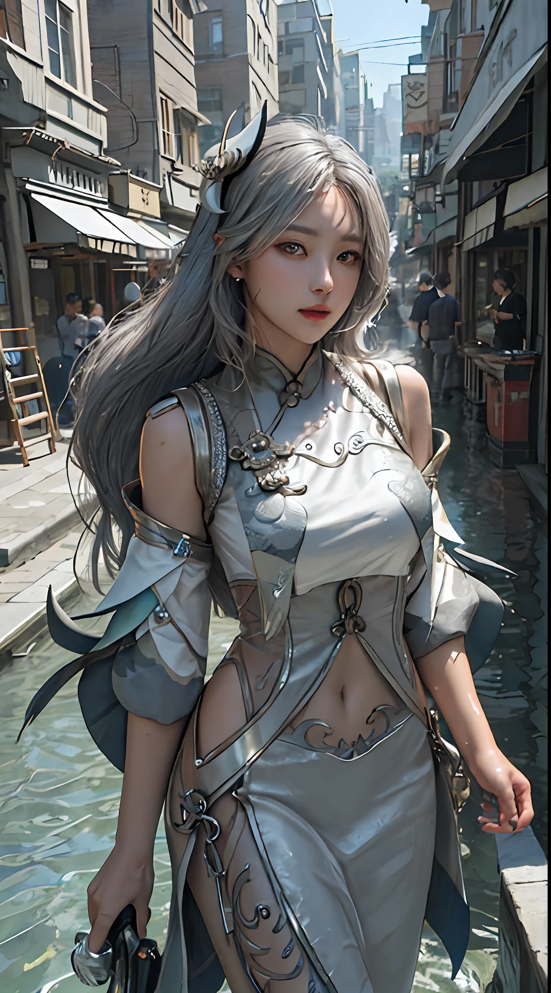 Masterpiece, Best Quality, Detail, Depth of Field, Ultra Realistic, Realistic Face and Eyes, Realistic Skin Texture, Cinematic Lighting, Eyes Look at the Viewer, ((Intricate Details)), ((Highly Detailed Skin)), (Masterpiece, Superb Quality, Super Detailed, High Resolution), Perfect Face, Side Light, Glow Skin, Standing, (Bloom), (Shine), Lighting, Ray Tracing, Sci-Fi, City, Street, Outdoor, Depth of Field, Deep River (Genshin Impact\), Silver Eyes, Hair above one eye, (hair accessory), chest, high heels, long hair, whirlwind of water