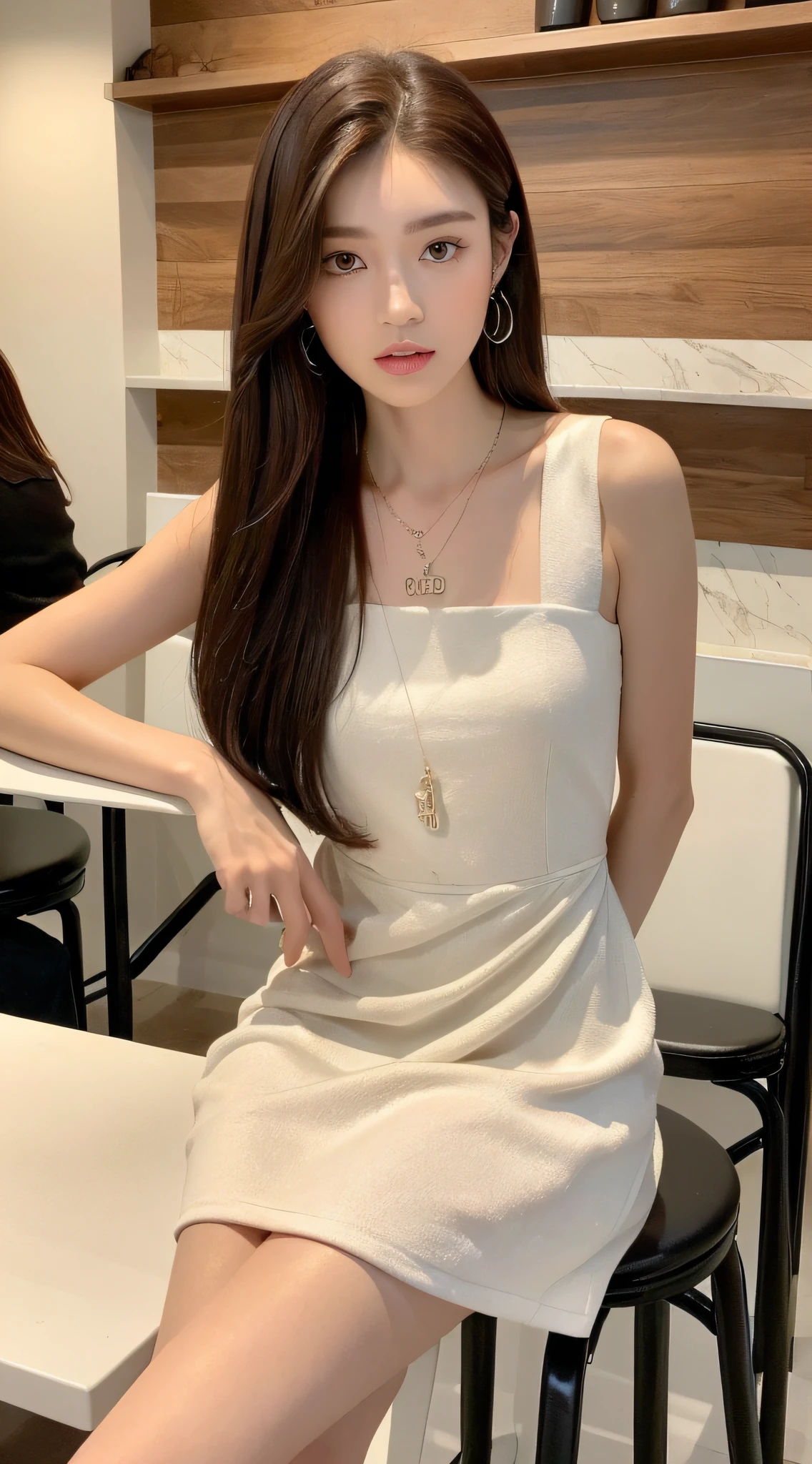 (( Superb Style, 8K, Masterpiece: 1.3)), Full Body,, Perfect Body Beauty: 1.4, Fashion Casual Girly White Dress: 1.1, ((Dark Brown Hair, Small: 1.2 )), (With Necklace: 1.2), ((Coffee House: 1.3)), Front, Highly Detailed Face and Skin Texture, Fine Eyes, Double Eyelids