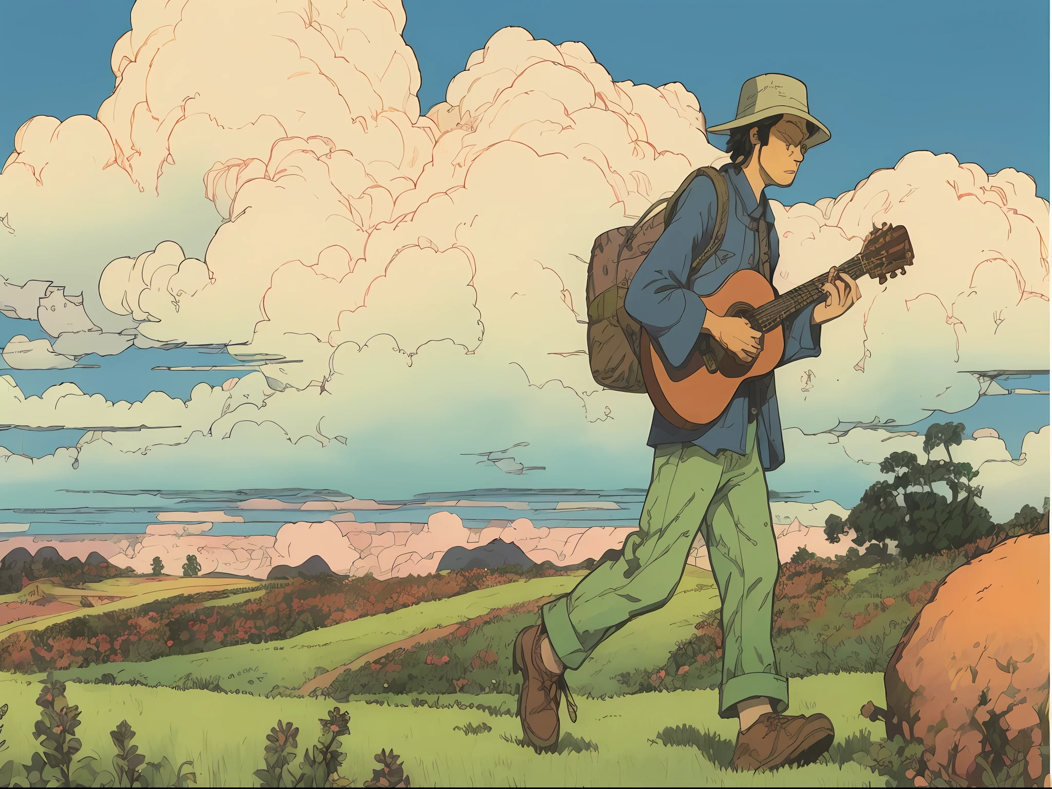 there is a man walking with a guitar in his hand, ghibli moebius, style of jean giraud moebius, peter chung + moebius + loish, in the iconic style of moebius, inspired by Jean Giraud, josan gonzales, cliff chiang, in style of moebius, by Clovis Trouille, inspired by Josan Gonzalez