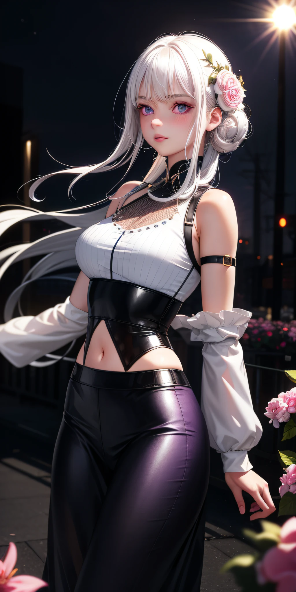 Realistic, 1girl, white hair, purple eyes, glowing eyes, cropped top, skirt, parted lips, blush, night, flowers, sun, sunlight, maide, black silk