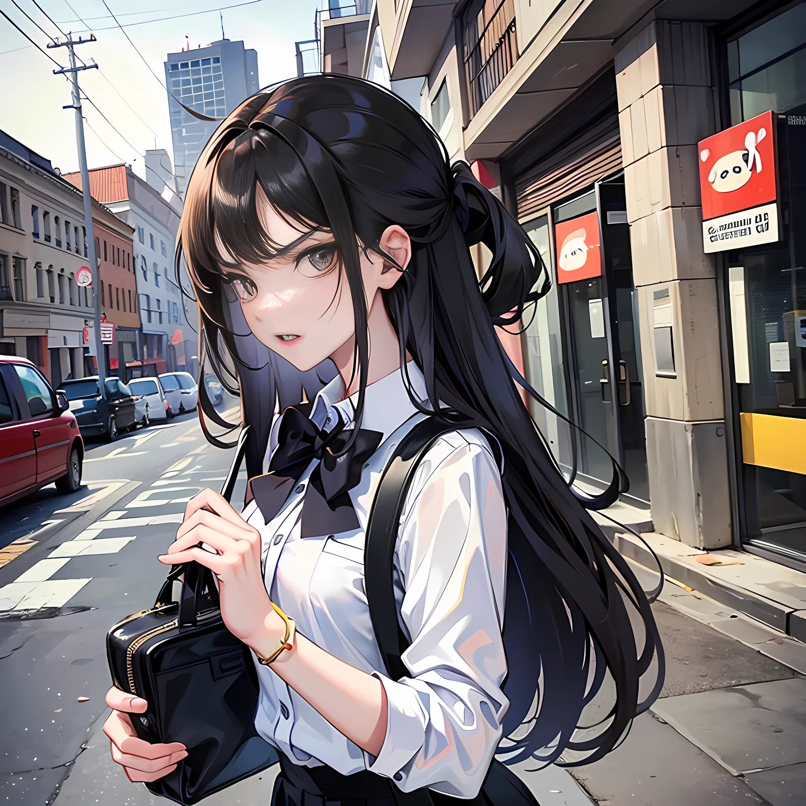 At school, a girl, frontal, long black hair, bag, angry, outstretched, abusive, super detailed, 4k, white, no bow tie,
