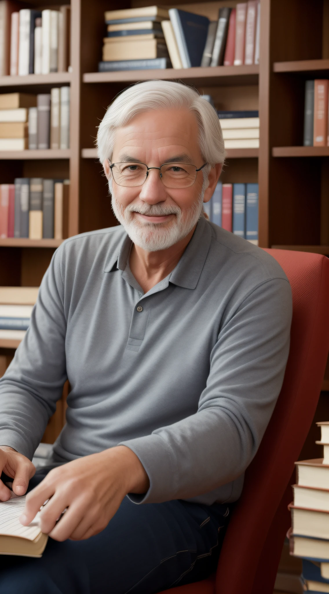 Drawing for me, a professor, sitting in a library with many books, in his mid-50s, happy face, gray hair, evening light,background removal image, focal length 150mm