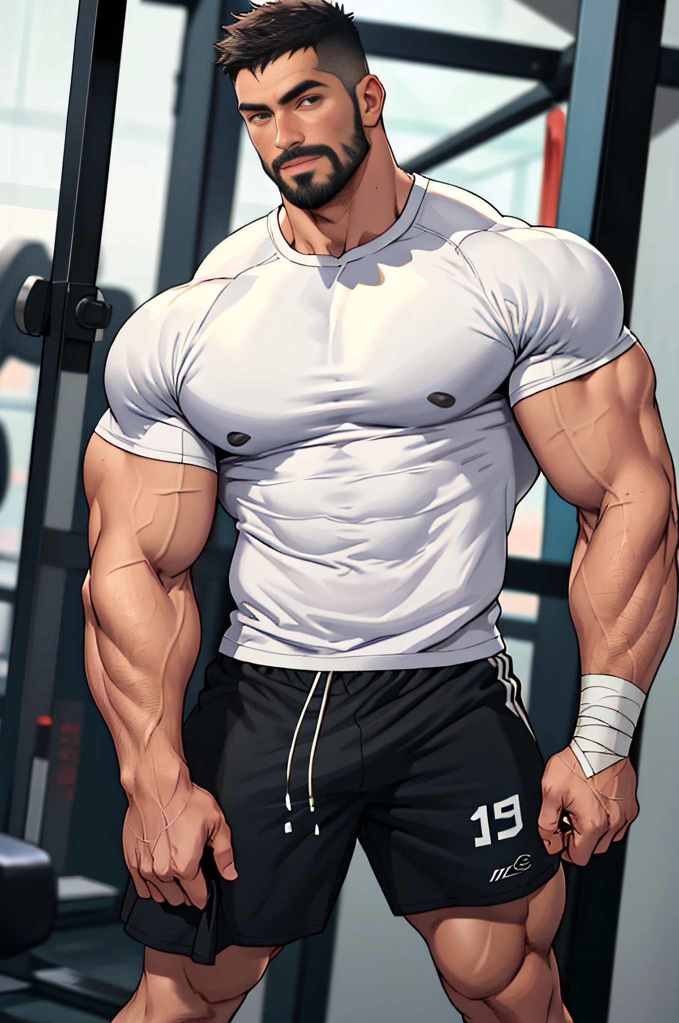 Mature man, best qualities, fitness trainer, panties only, black sports shorts, white socks, bandage wrapped in one hand, bad, masterpiece, super high resolution, detailed background, reality, illustration, single, 1 boy, muscle man, beard, gym, muscle, facial hair, volumetric lighting, depth of field, wheezing, raised crotch, handsome movements, big dynamics