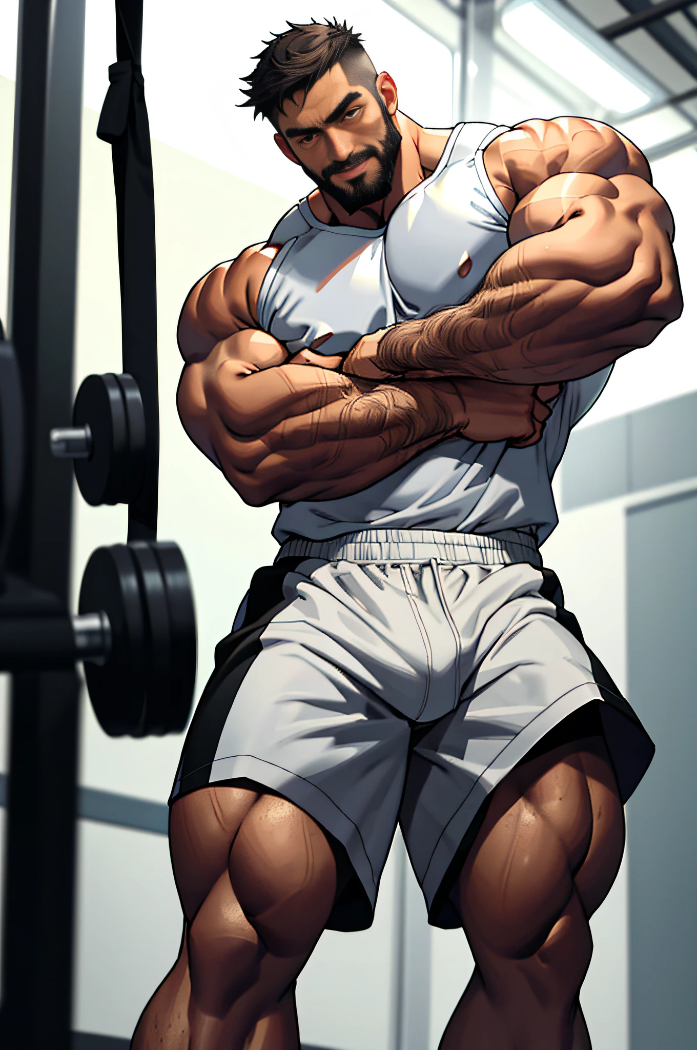 Mature man, best qualities, fitness trainer, panties only, black sports shorts, white socks, bandage wrapped in one hand, bad, masterpiece, super high resolution, detailed background, reality, illustration, single, 1 boy, muscle man, beard, gym, muscle, facial hair, volumetric lighting, depth of field, wheezing, raised crotch, handsome movements, big dynamics