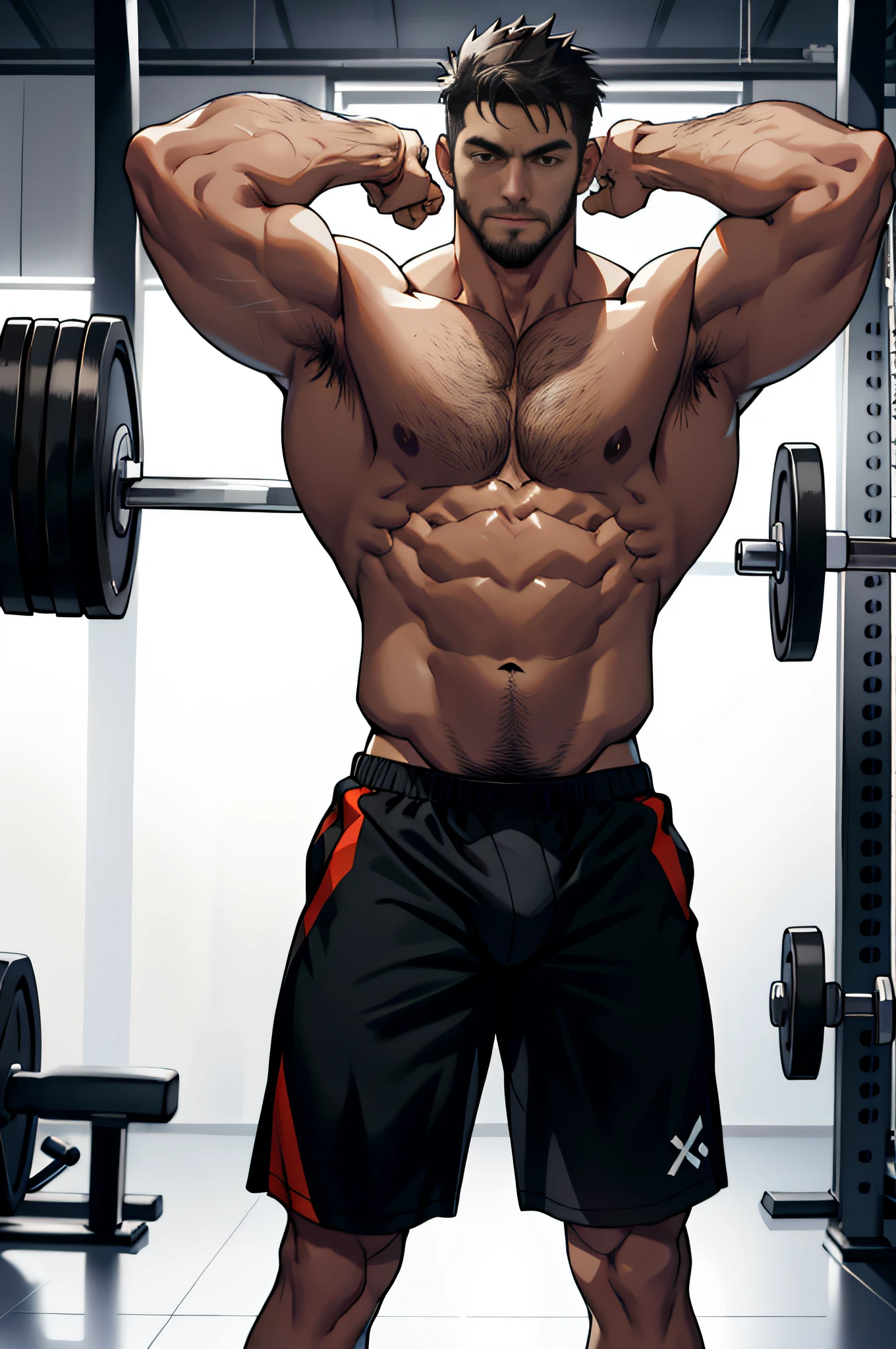 Mature man, best qualities, fitness trainer, panties only, black sports shorts, white socks, bandage wrapped in one hand, bad, masterpiece, super high resolution, detailed background, reality, illustration, single, 1 boy, muscle man, beard, gym, muscle, facial hair, volumetric lighting, depth of field, wheezing, raised crotch, handsome movements, big dynamics