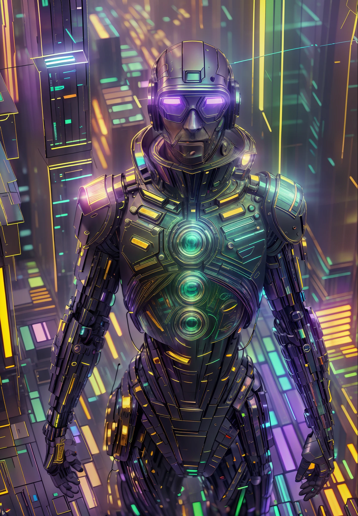 An award winning master piece photo of a cyborg man with psychedelic colors standing in a city street at night in the rain, wearing neon-colored glowing goggles, 8k, (high quality:1.1), (cinematic feeling:1.1), dark deep shadows, incredibly intricate detailing, art , (up close:1.1), from above, looking at viewer, (light sparkles:1.1), (chromatic aberration,:1.2) background with floating light artifacts --auto --s2