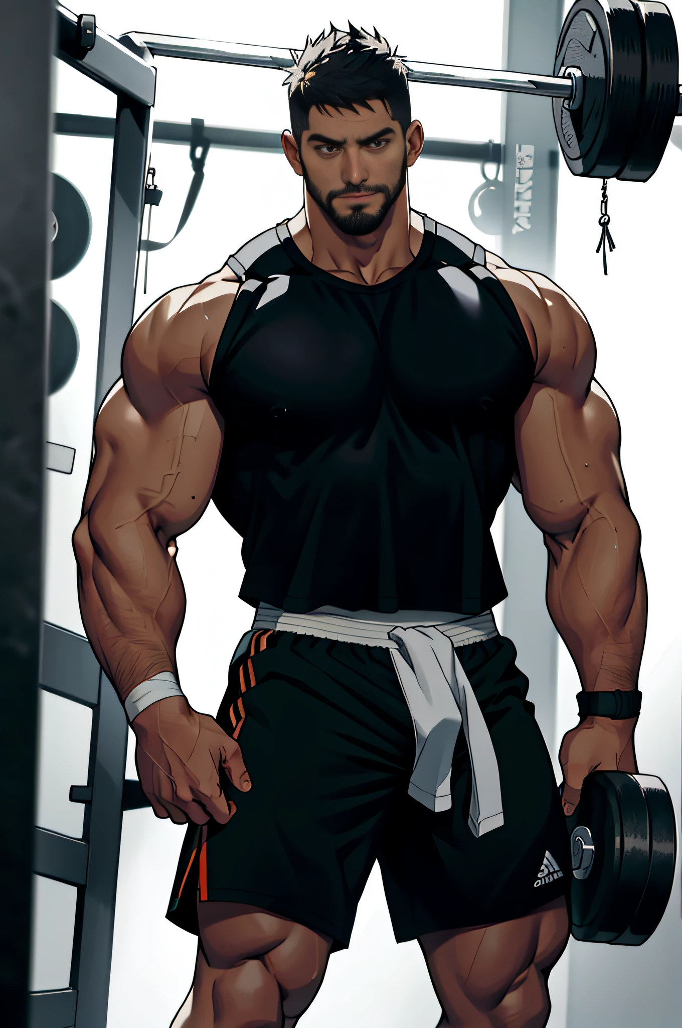 Mature man, best qualities, fitness trainer, panties only, black sports shorts, white socks, bandage wrapped in one hand, bad, masterpiece, super high resolution, detailed background, reality, illustration, single, 1 boy, muscle man, beard, gym, muscle, facial hair, volumetric lighting, depth of field, wheezing, raised crotch, handsome movements, big dynamics