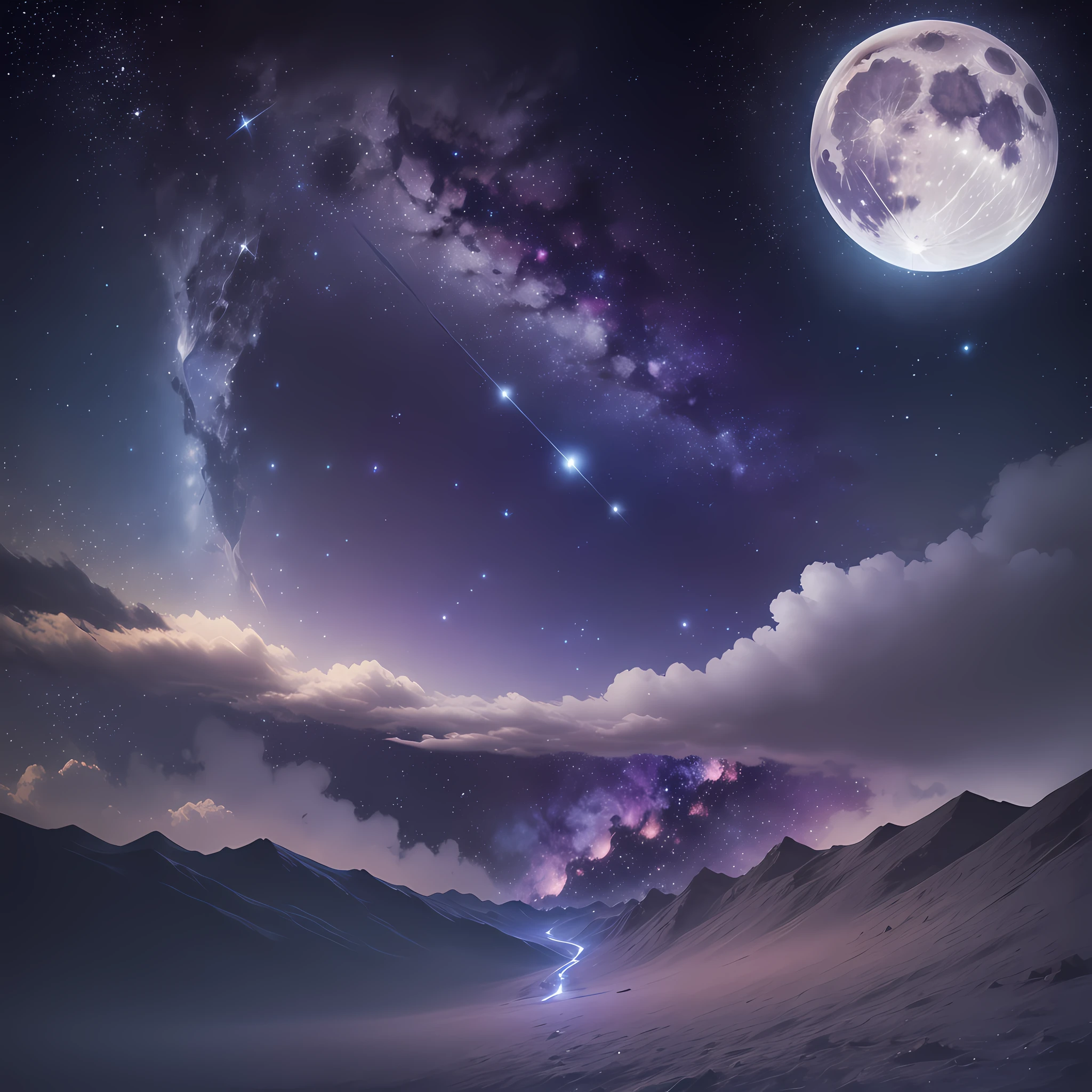 (moon+stars+cosmic background), dim blue or purple starry sky, twinkling stars and comets, harmonious tonal pictures in the night sky, panorama, night perspective, gradually changing brightness, mysterious beauty. --auto --s2