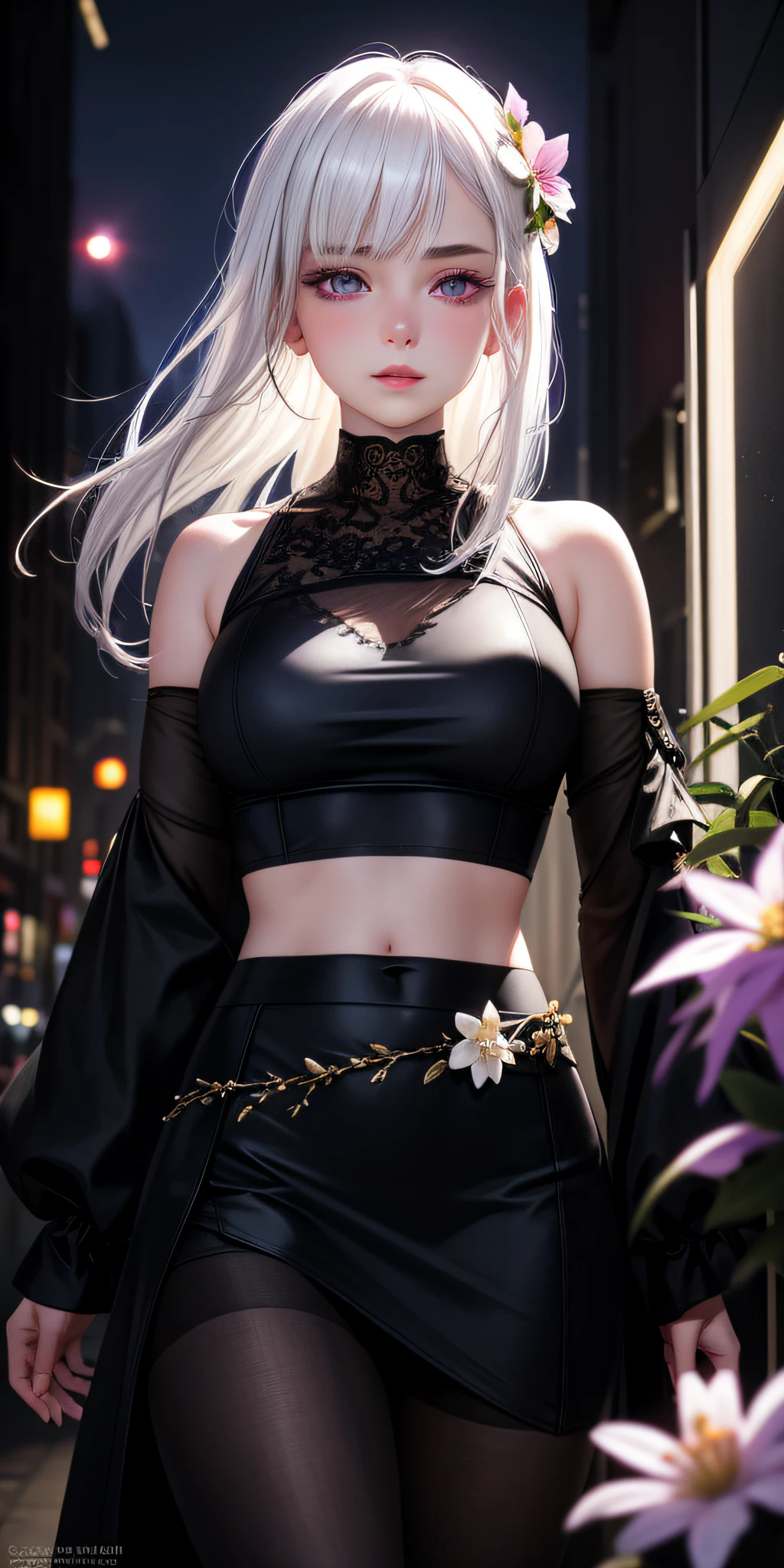 Realistic, 1girl, white hair, purple eyes, glowing eyes, cropped top, skirt, parted lips, blush, night, flowers, sun, sunlight, maide, black silk