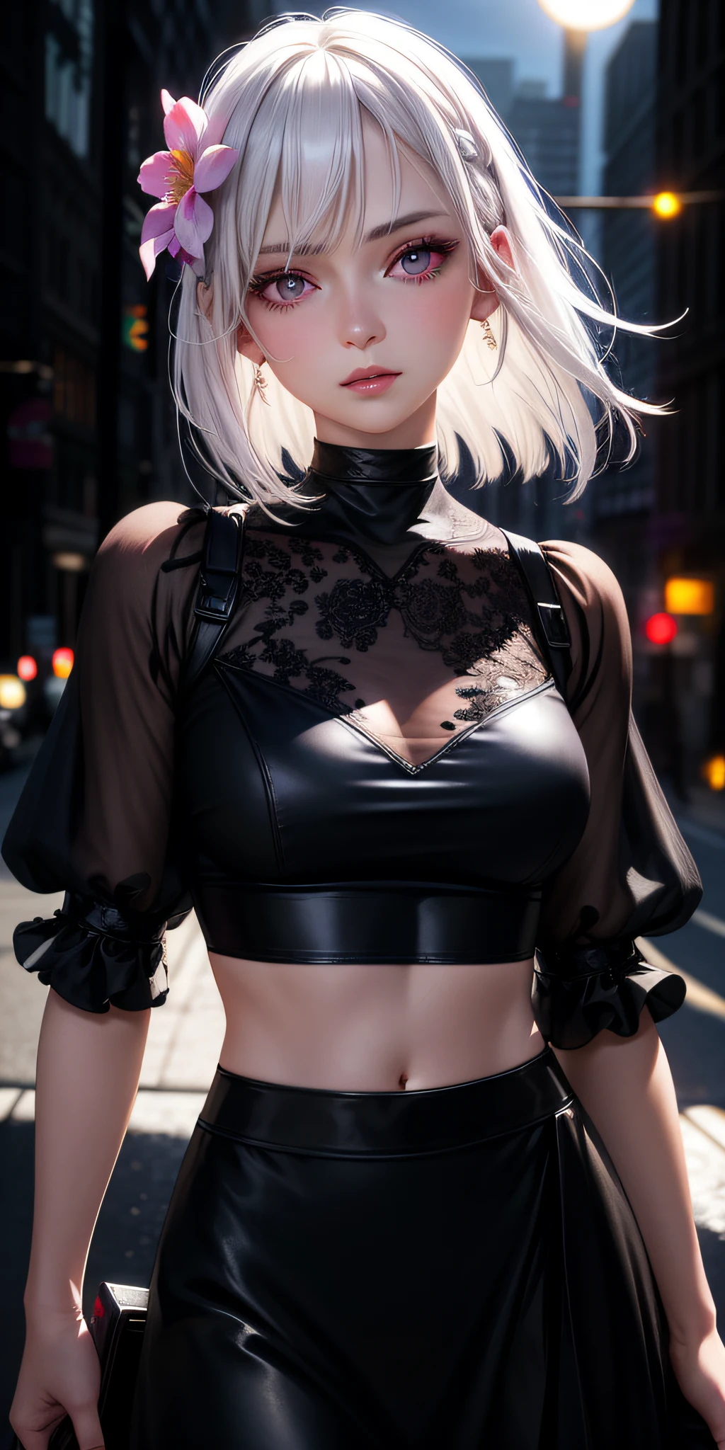 Realistic, 1girl, white hair, purple eyes, glowing eyes, cropped top, skirt, parted lips, blush, night, flowers, sun, sunlight, maide, black silk