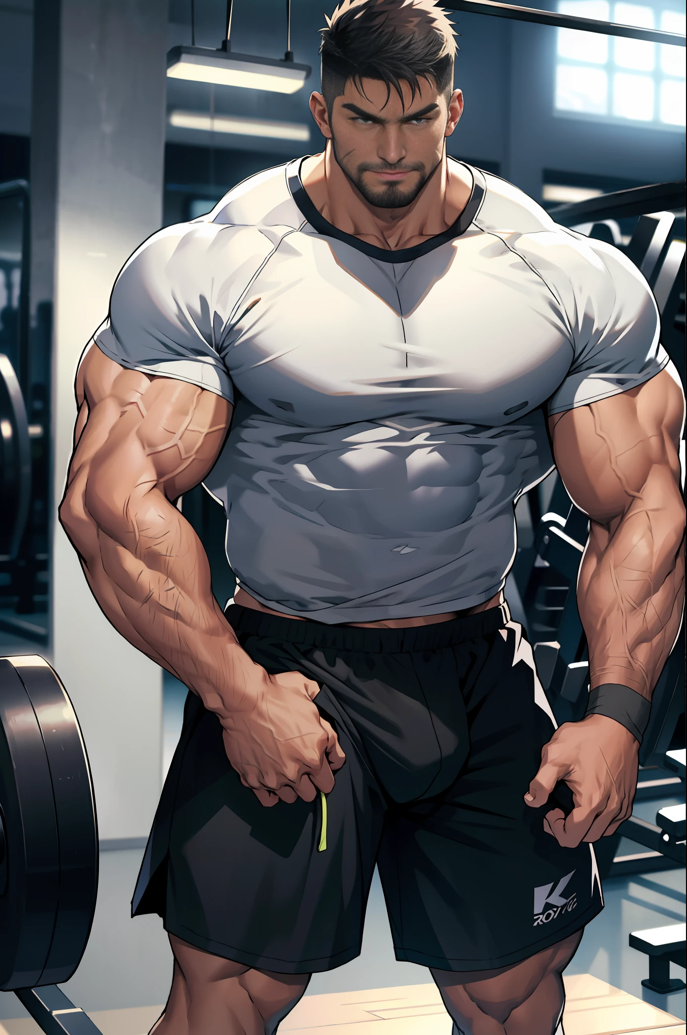 Mature man, best qualities, fitness trainer, panties only, black sports shorts, white socks, bandage wrapped in one hand, bad, masterpiece, super high resolution, detailed background, reality, illustration, single, 1 boy, muscle man, beard, gym, muscle, facial hair, volumetric lighting, depth of field, wheezing, raised crotch, handsome movements, big dynamics