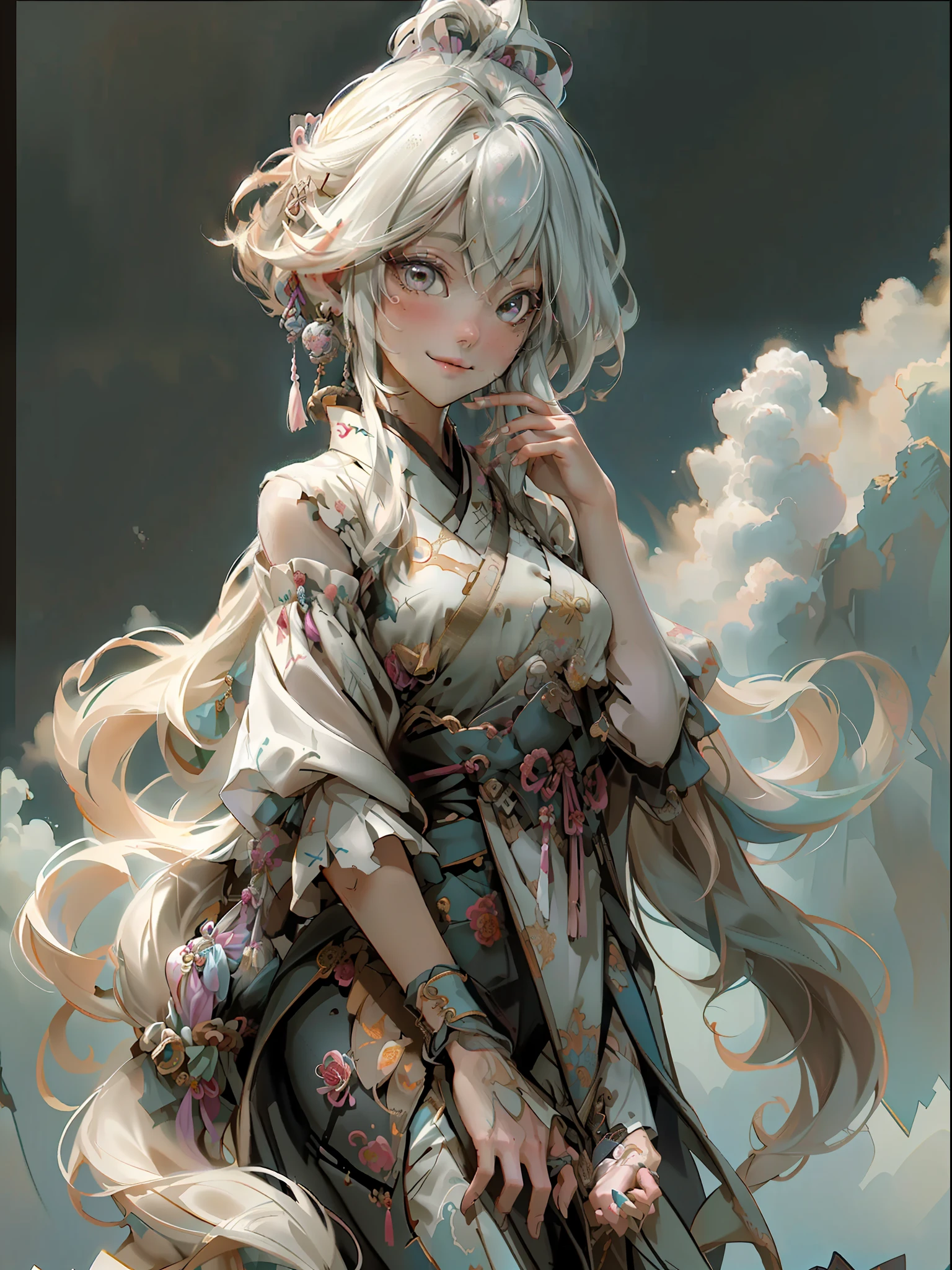 Official Art, Unified 8K Wallpapers, Ultra Detailed, Beautiful and Aesthetic, Masterpiece, Best Quality, (Zentangle, Tangle, Entangle), (fractal art: 1.4), 1girl, very detailed, dynamic angle, cowboyshot, (most beautiful form chaos), ethereal, (bright colors), oc, (full body: 0.8), china, (thangka flying sky: 1.5), (ribbon: 1.3), (dream: 1.5), (hanfu: 0.7), (smile: 0.5), (Chinese deity), upper body close-up