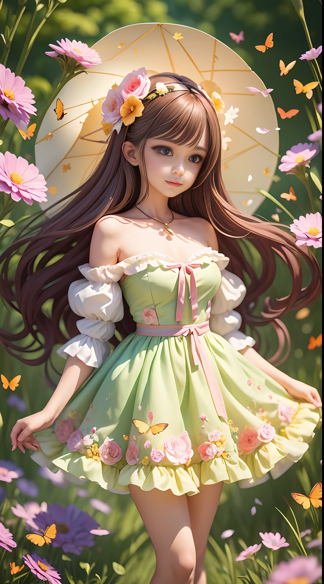 1girl, solo, full body, (masterpiece:1.21), (best quality:1.2), colorful, (illustration:1.2), (cinematic lighting:1.1), (bare shoulders:1.21), (collarbone:1.21) in this whimsical A beautiful and dreamlike garden, the scene is illuminated by a rainbow (colorful fireflies) dancing in the air. Pastel (drizzle) adorns the garden, creating a hazy and ethereal atmosphere. In the center of the picture, stands a single girl, an extremely beautiful girl, with lovely facial features and an innocent expression. Her long hair fluttered in the wind. She wore a low-cut strapless dress that accentuated her curves. The lighting is very delicate and beautiful, creating a soft warm glow that accentuates the water and makes it sparkle like a diamond. The finest grasses are also illuminated to create a lush carpet. The garden is surrounded by colorful flower fields with flowers of all colors and shapes. Various colors and sizes (coloured butterflies) can be seen flying around the scene, adding to the overall sense of wonder and magic. (Everyone, judges), a blush can be seen on the bridge of the nose, and the mouth is slightly opened, which adds to the overall sense of innocence and youth. Falling petals can be seen waving around her, adding to the overall sense of romance and beauty. The breeze is blowing, the leaves are rustling, and the flowers are swaying, adding to the overall dynamism and vitality. It is a scene of pure wonder and magic, full of color and beauty, where the viewer can lose themselves in this enchanting and captivating world.