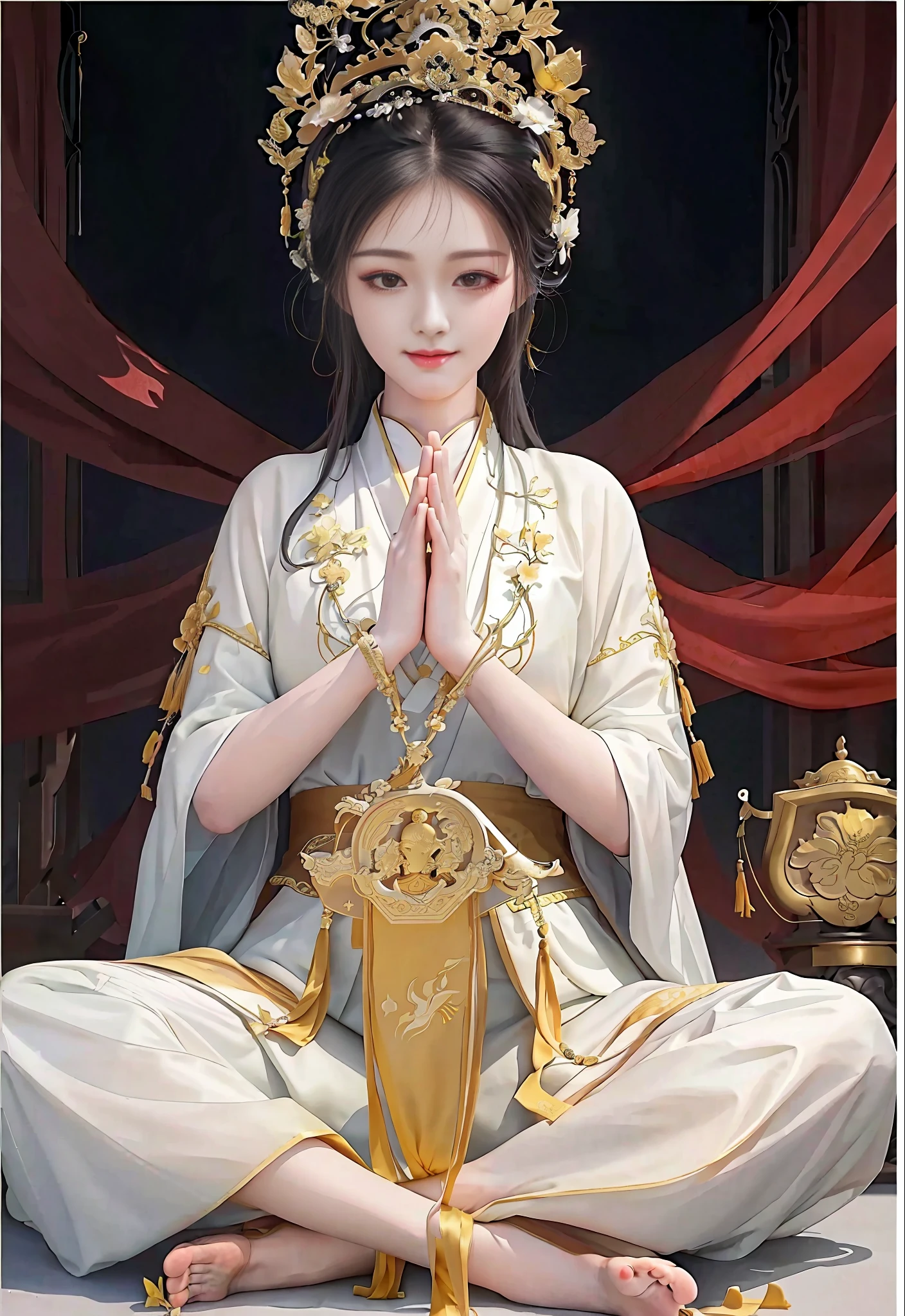 Amazing portrait of oriental beauty in yellow Hanfu, (cross-legged meditation: 1.3), (beautiful eyes), long eyelashes, solemn expression, ((prayer pose)), perfect facial features, delicate face, HD details, depth shooting, (sitting cross-legged), smiling, backlight, soft light, sacred, cinematic edge lighting, delicate gloss, ((trousers)), ((pure white background))