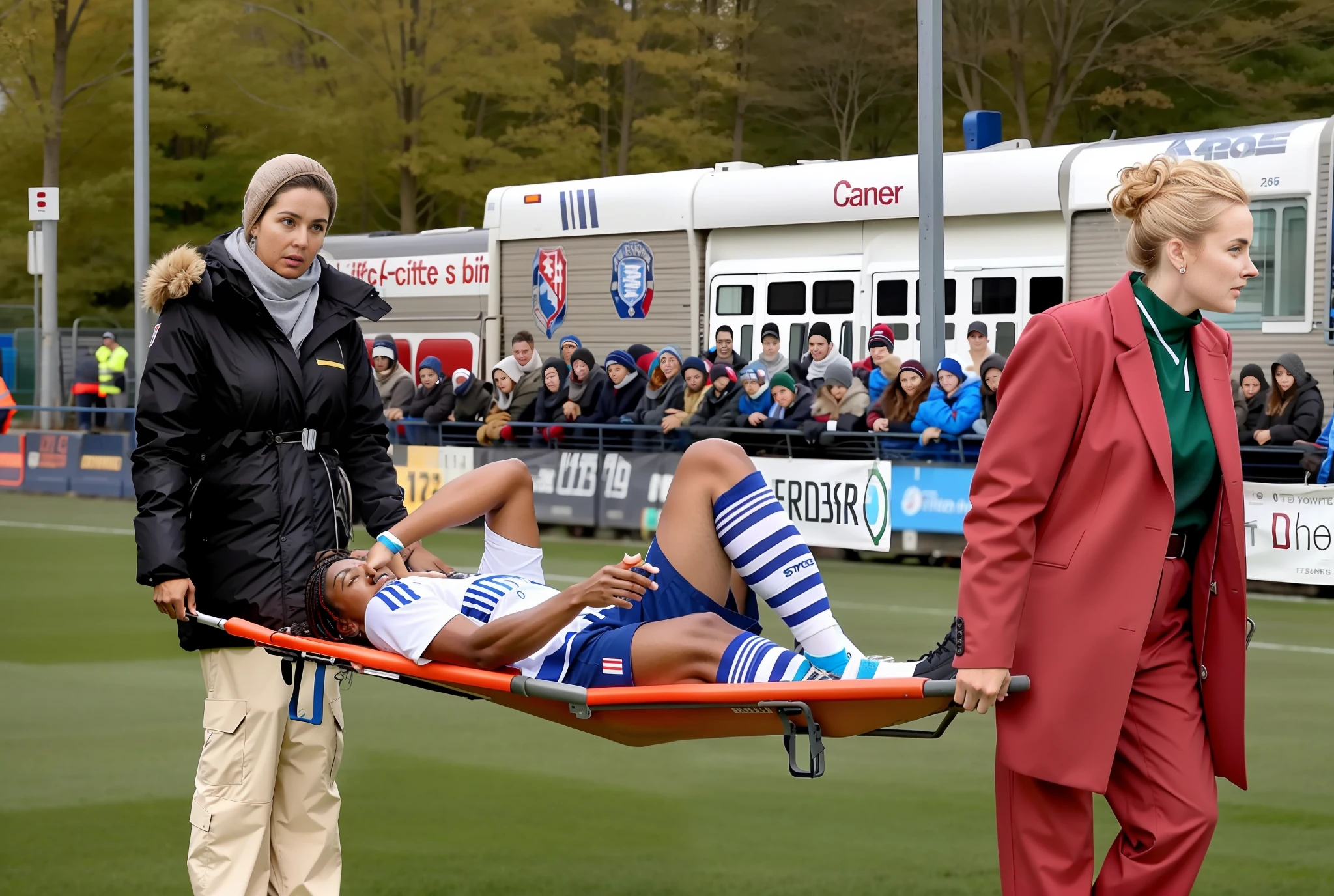 there two madeup women carrying a stretcher, there is a woman in a wetlok laquered downcoat, a woman in a high-shine downcoat, there is a greyhaired woman in a red leather-suit, there is a man on a stretcher being carried by two very madeup women, there is a bearded soccer-player lying on a stretcher, there is a soccer-player on a stretcher with one hand over his face, a soccer-player is lying aon a stretcher and has put one hand over his face, football hooligans, injured, good graphic, warm sunshine, very professional, very sad, 2717433015, 3 4 5 3 1, 555400831, viral photo, photo shot, interesting composition, adventure playground accident