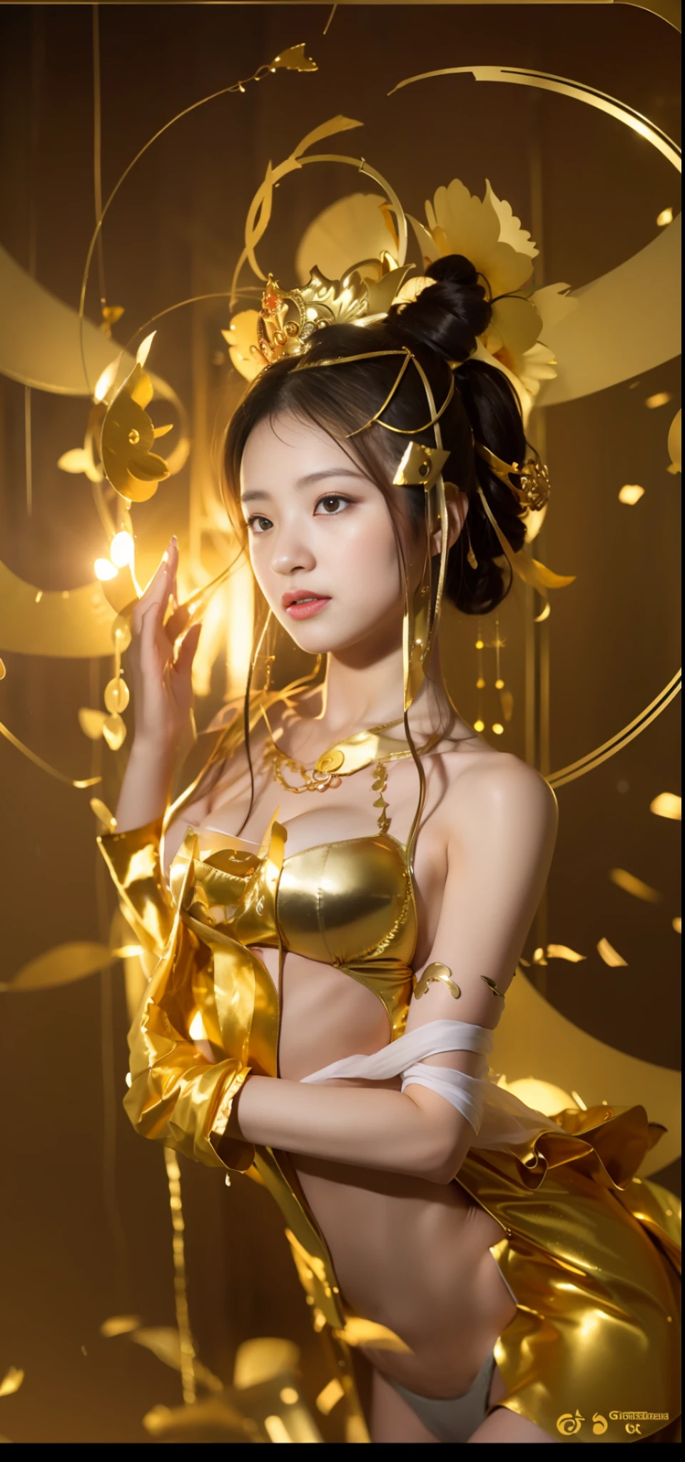1girl, masterpiece, highly detailed CG Unity 8K wallpaper, highest quality, lifelike, RAW photos, stunning, detailed, award-winning photos, cinematic lighting, (gravure photography), (long shot), balanced body, (full body), delicate hands, (small face, slim, petite, slender body), (big), (side breasts), (side breasts), (breasts), (huge breasts), ( Arm Out Exposure) (Thigh Exposed) (Cleavage) (Guanyin Bodhisattva Cosplay) (Guanyin Bodhisattva), (Buddha Statue), (, Beautiful Girl,) Solo, (Golden See-Through Leotard), (Golden Mesh Stockings), (Golden Garter Stockings), (Golden Transparent Fluttering Robe), (Wall with Golden Pattern) (Golden Decorated Wall), (Golden Ancient Temple), (Full Body, standing), (full body from the front), (anatomically perfect arms, hands, body), (control net hands accurately), (beautiful girl prays), (background blurred), (very small crown), (full body, standing),