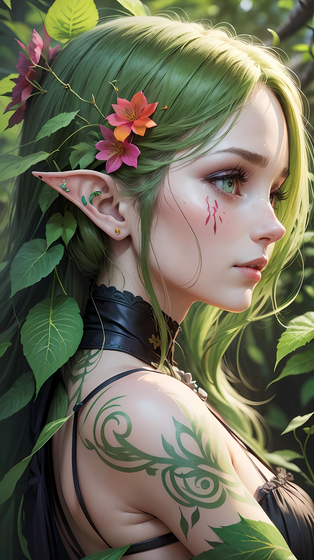 Graphic image of the profile of the face of a beautiful elf girl, flowers are woven into beautiful hair, expressive eyes, a tattoo of poison ivy leaves and flowers on her face, a girl's light green skin, a dense forest thicket of poison ivy in the background, high detail, hyperrealism, high quality, clear focus, SLR camera, CGI. --auto --s2