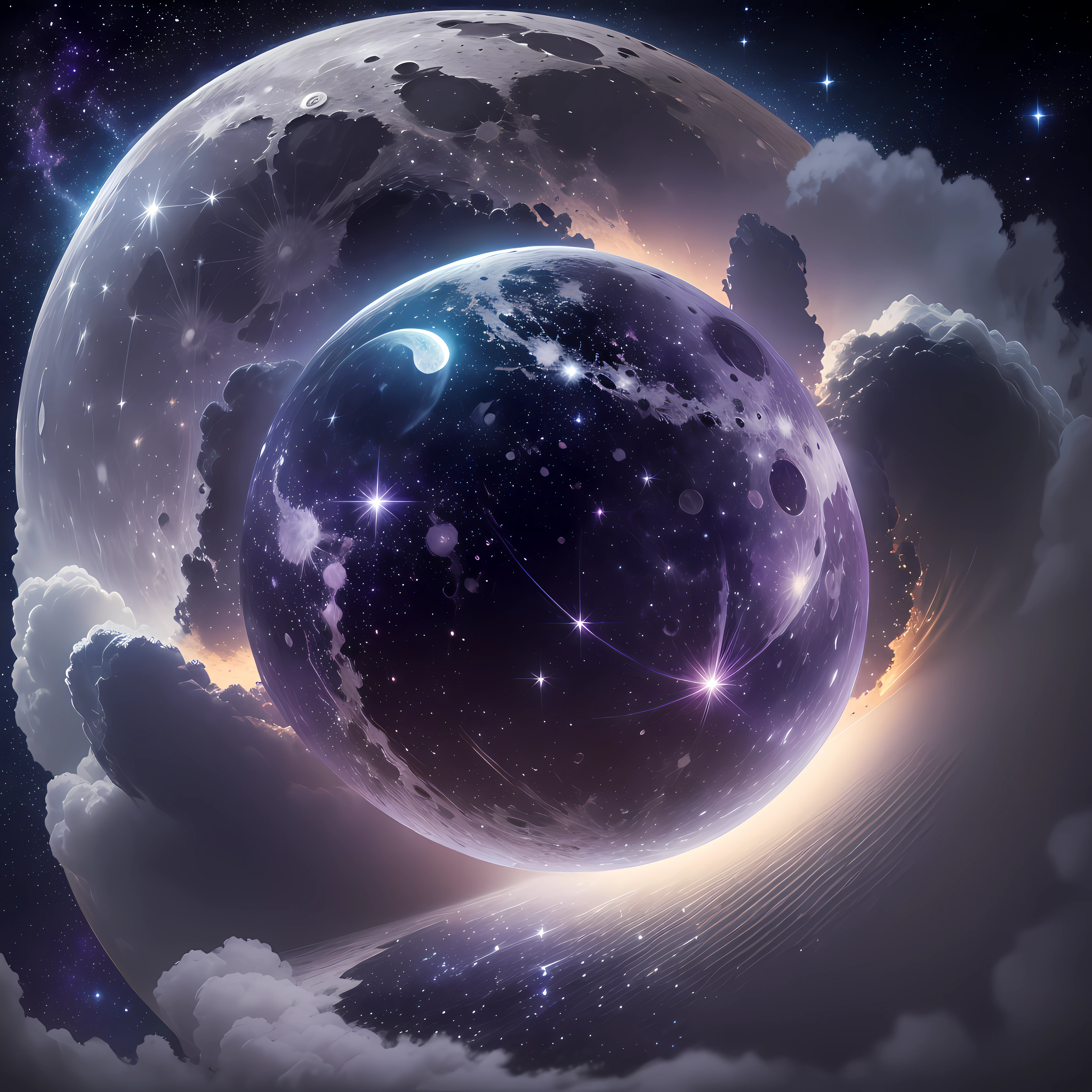 (moon+stars+cosmic background), dim blue or purple starry sky, twinkling stars and comets, harmonious tonal pictures in the night sky, panorama, night perspective, gradually changing brightness, mysterious beauty. --auto --s2