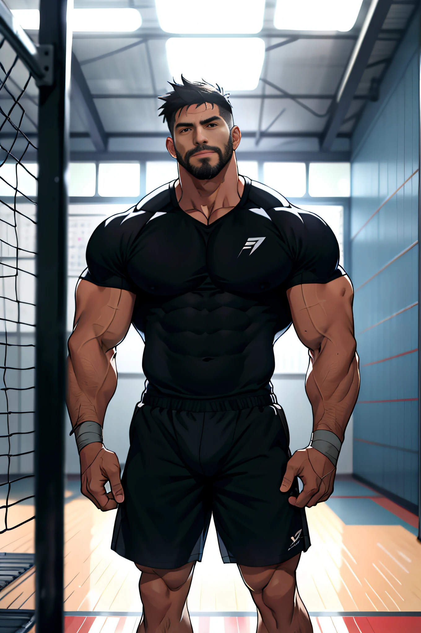 Mature man, best qualities, PE teacher, only panties, black sports shorts, white socks, bandage wrapped in one hand, bad bad, masterpiece, super high resolution, detailed background, reality, illustration, single, 1 boy, muscle man, beard, school, playground, muscles, facial hair, volumetric lighting, depth of field, wheezing, raised crotch, handsome movements, big dynamics