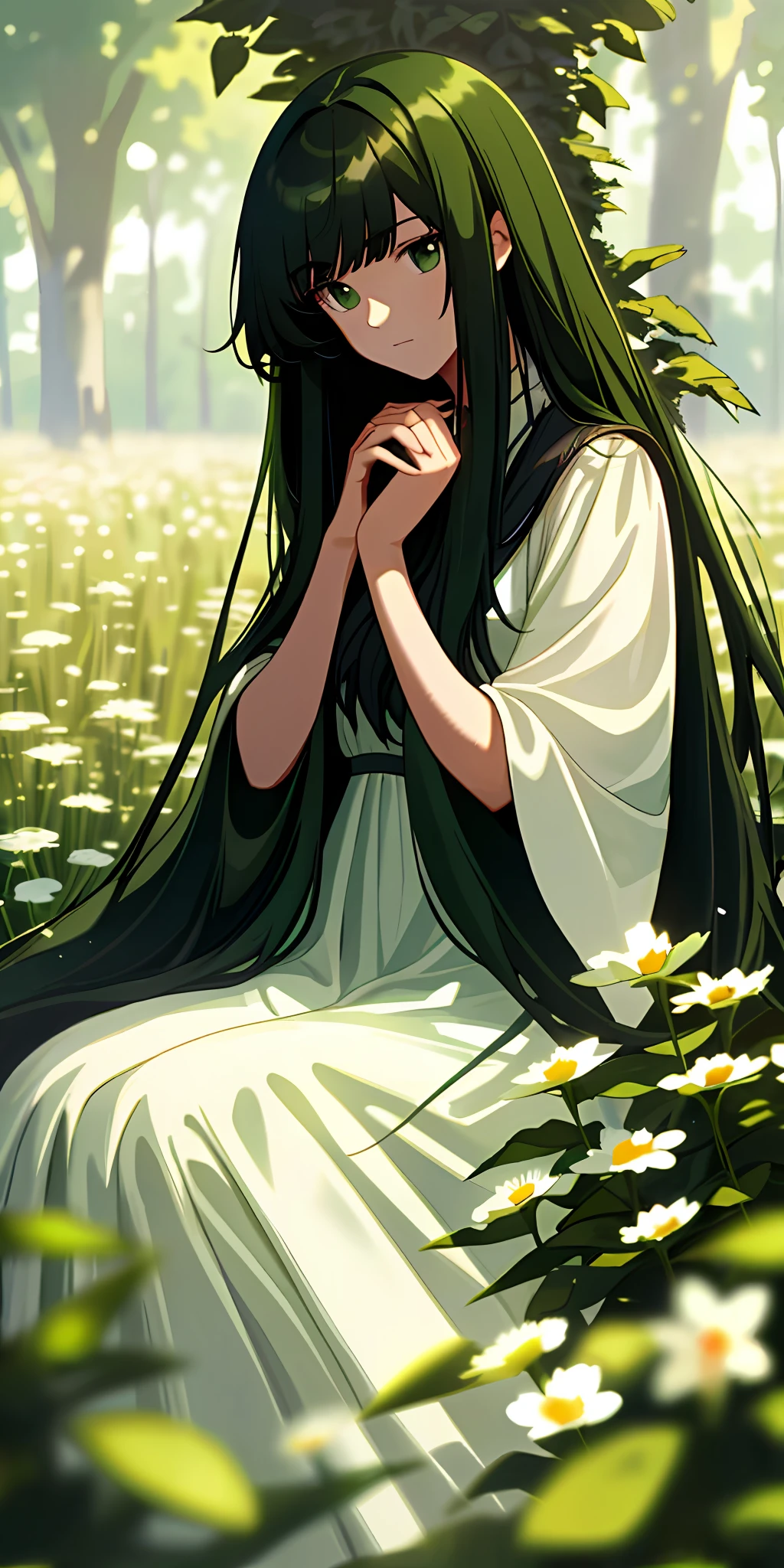 (Masterpiece, best quality), 1 long black green haired girl sitting in a field of greenery and flowers, her hands under her chin, warm light, white dress, blurred foreground