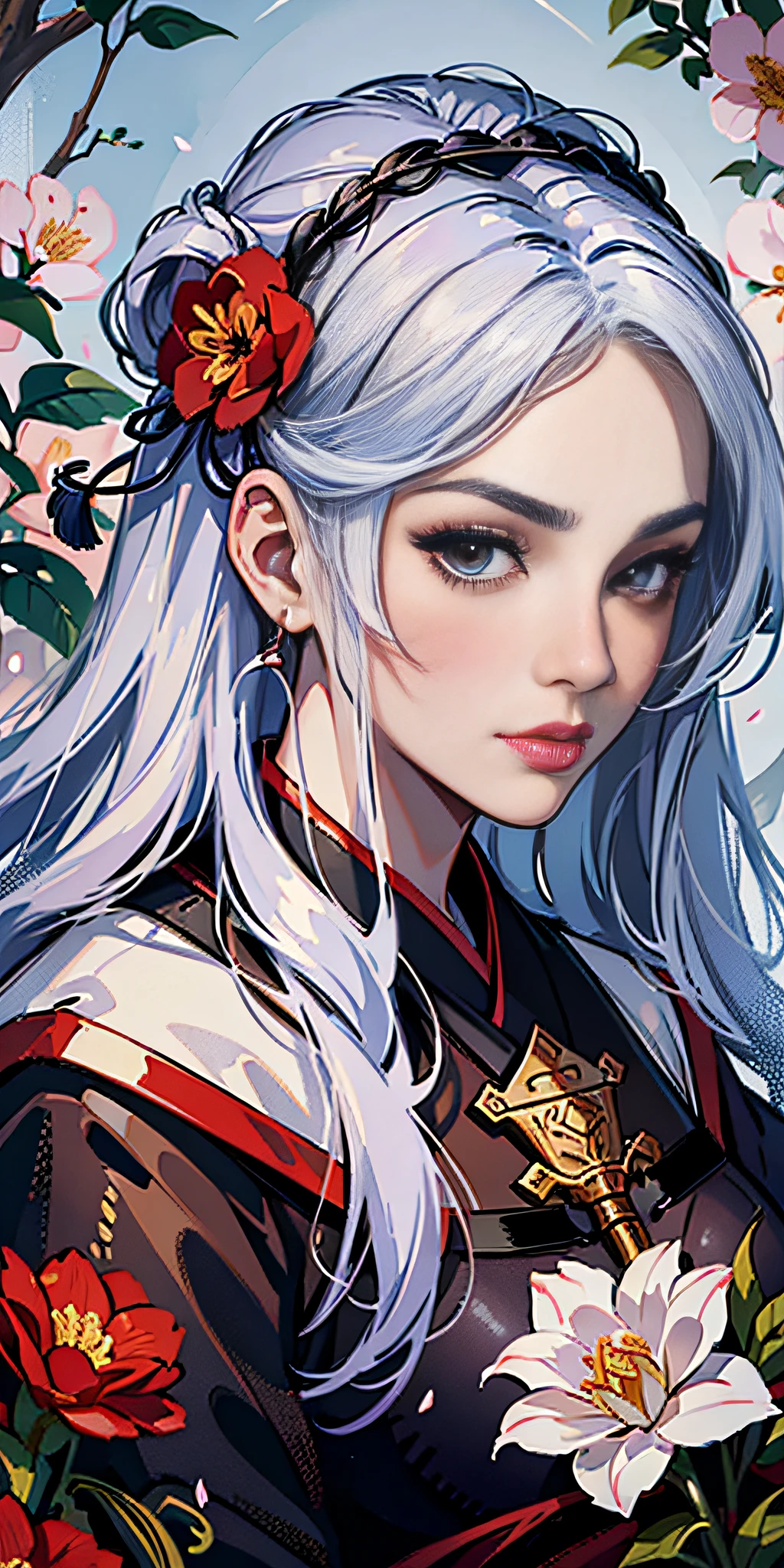 (8K quality: 1.3), (Best image quality: 1.2), 1 female, (face details), perfect face, sexy face shape, unique, (overall detail details: 1.4), (imperial water), Chinese Hanfu, flowers, perfect combination of dream and fairy, (masterpiece: 1.2), Tang Dynasty oversized clothing mopping, Tang Dynasty exquisite accessories, crown, served look, arrogant, wonderful, beauty, overall center alignment, beautiful scenery, red lantern, smoke, illusion, soaring, red carp, imperial sword, clothes floating, inflatable airflow, killing enemies, doppelganger, flower art, white hair