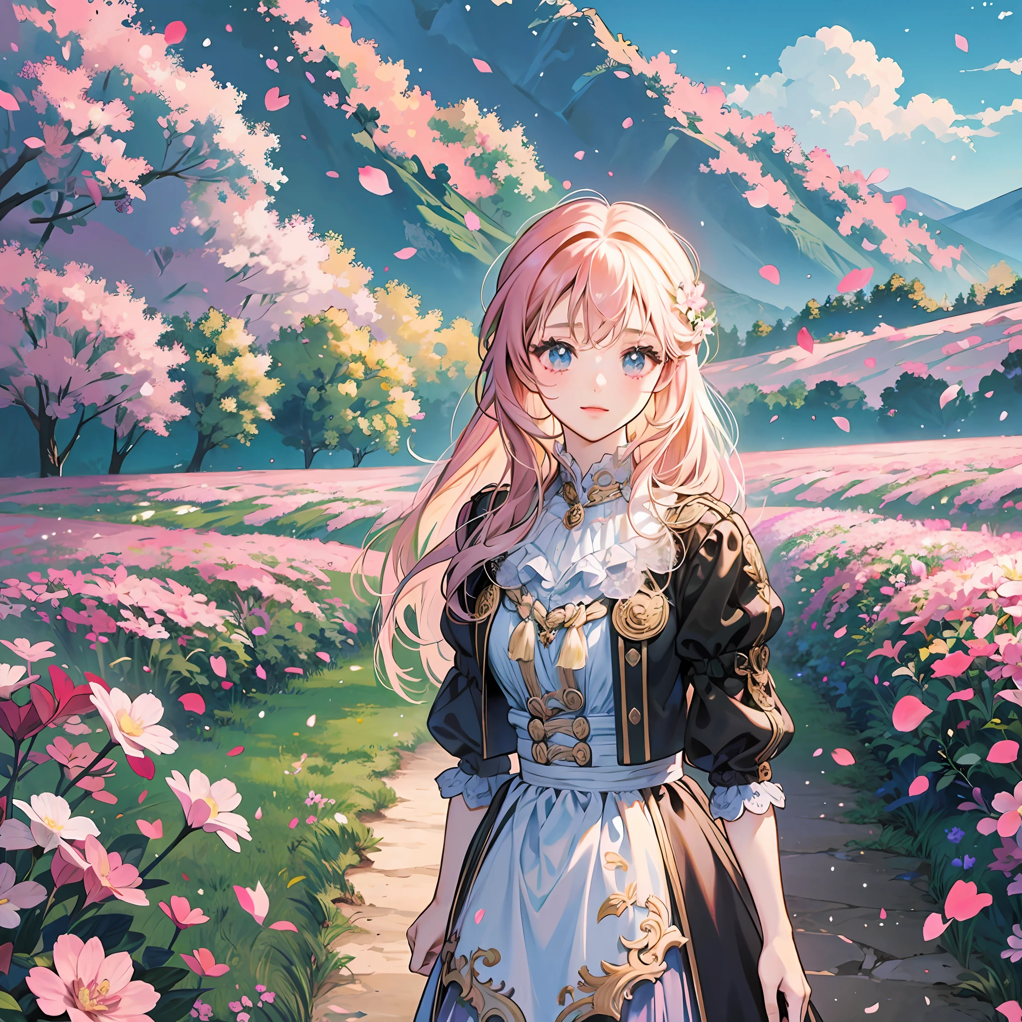 /imagine prompt: beautiful anime girl standing, girly outfit, flower field background, hyperrealistic anime --auto --s2
